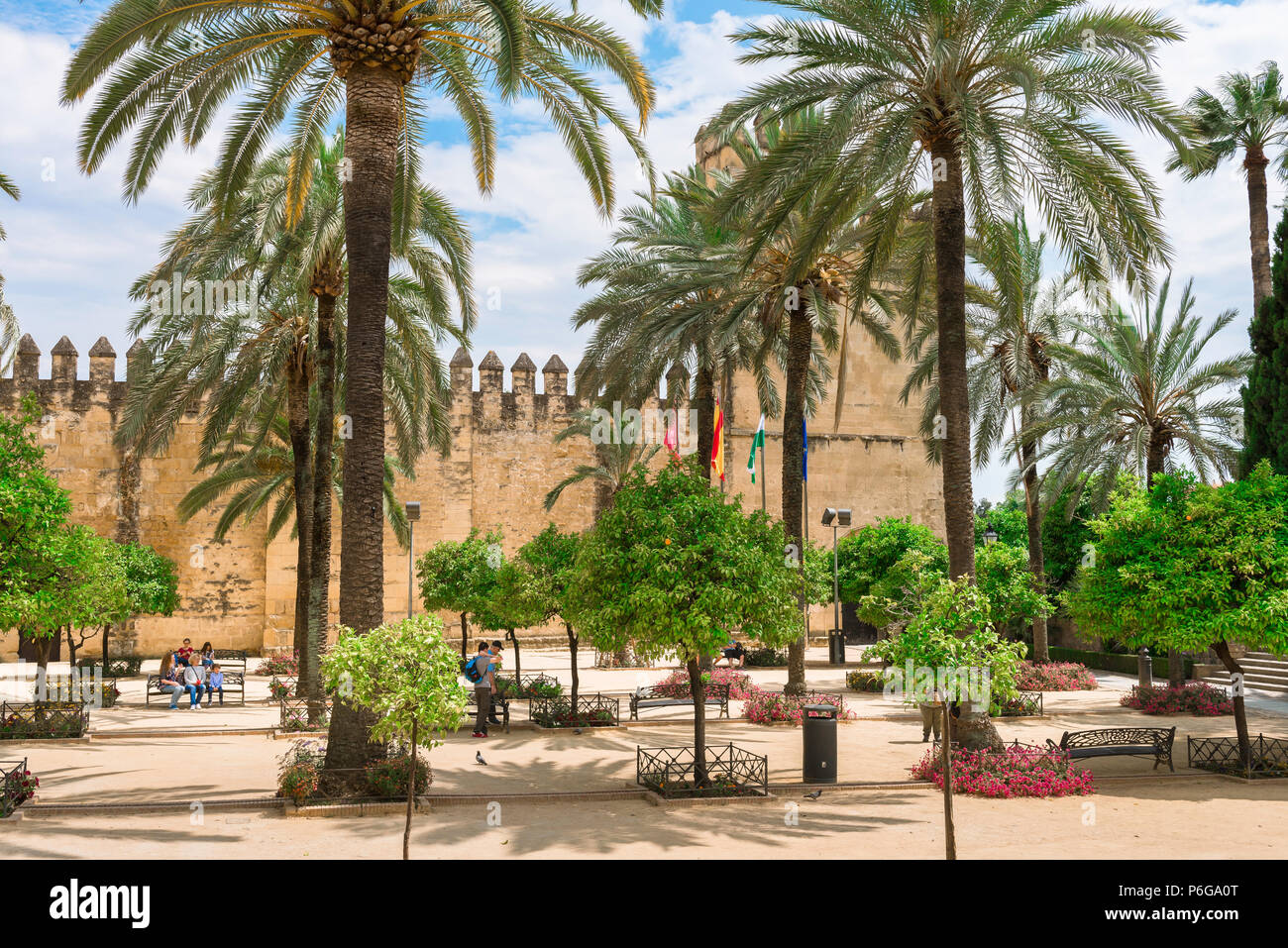 Cordoba Alcazar, Blick von der Calle Caballerizas Reales über den Palmen gesäumten Plaza vor der Alcazar de los Reyes Cristianos, Cordoba. Stockfoto