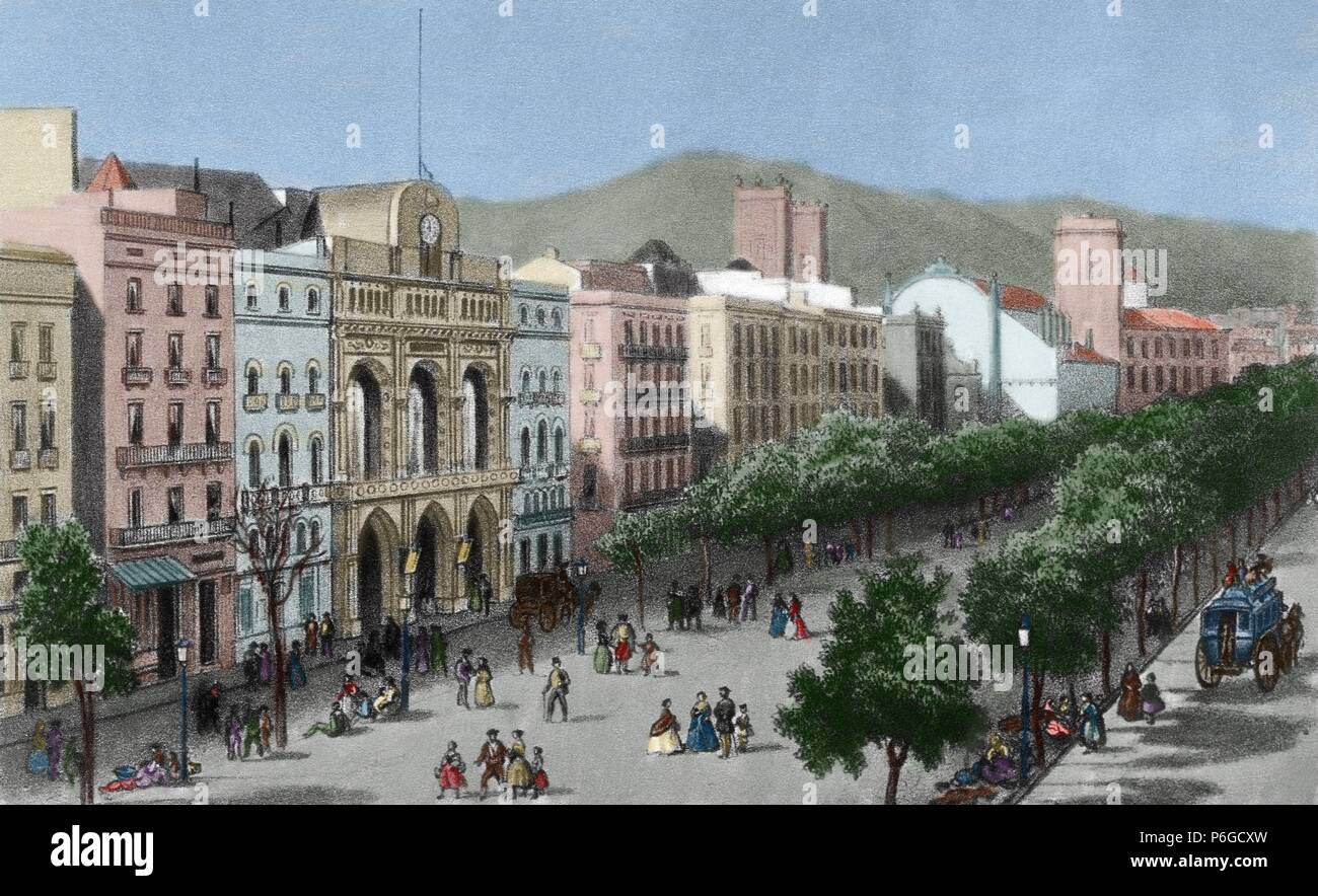 Spanien. Katalonien. Barcelona. Die Lithographie. La Rambla und das Gran Teatro del Liceo (Opernhaus), vor seinem Feuer im Jahre 1861. Gravur. Gefärbt. Stockfoto