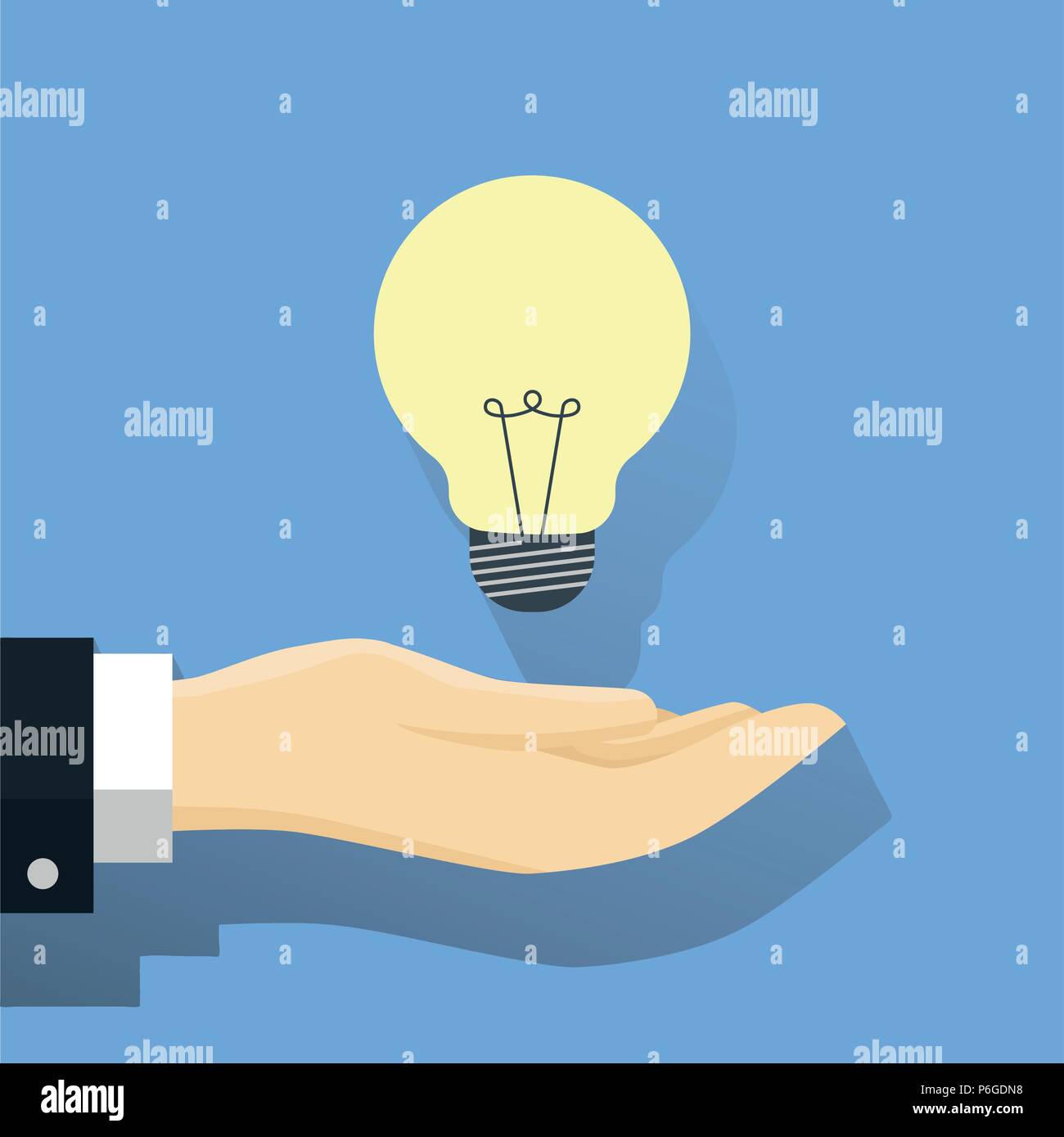 Geschäftsmann mit Glühbirne, eine Hand und eine Idee Glühbirne, moderne Idee innovation Glühbirne Konzept. Konzeptionelle web Illustration - Flachbild Vektor Illus Stock Vektor