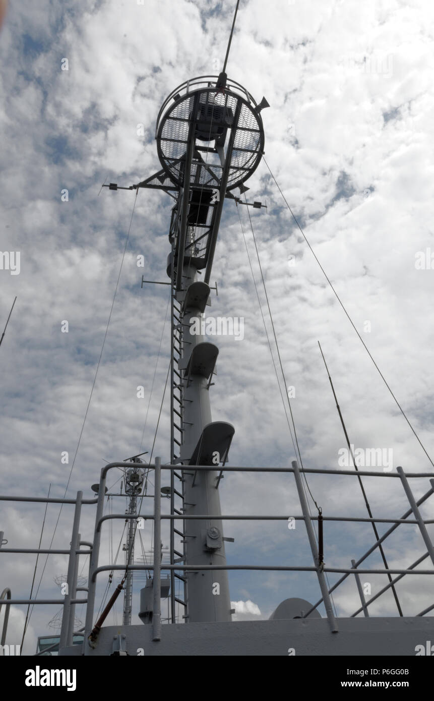 Radio Mast der USS Pueblo, erfasst amerikanische Schiff auf Anzeige an die siegreichen Krieg Museum, Pyongyang, Nordkorea Stockfoto