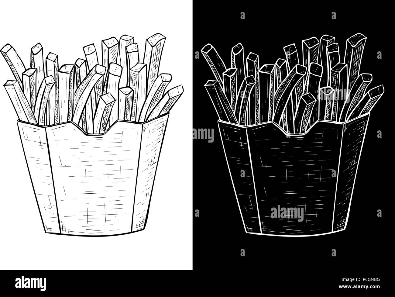 Pommes frites in einem Pappbecher. Hand Skizze gezeichnet Stock Vektor