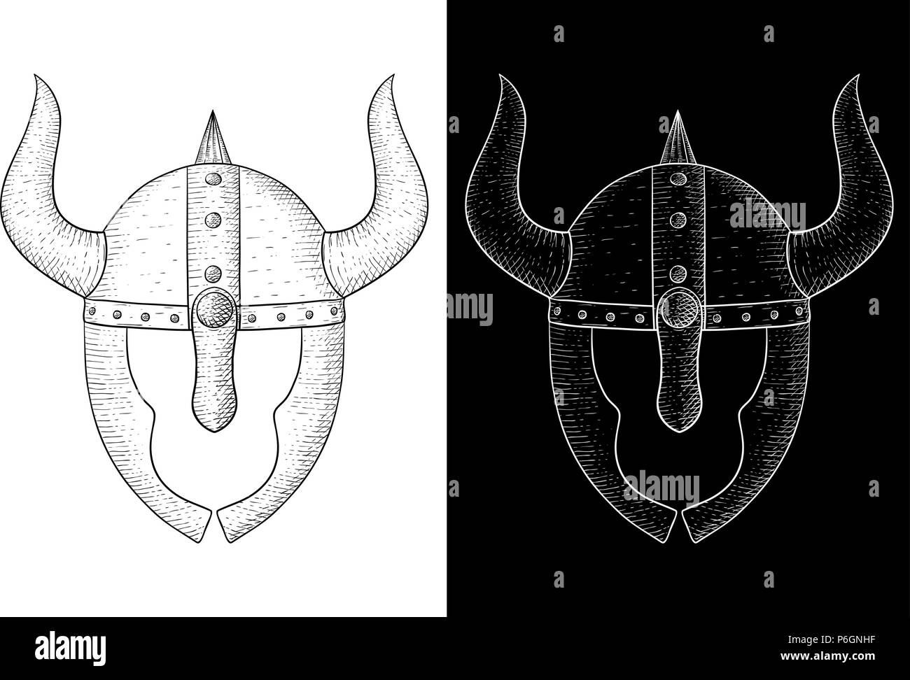 Gehörnten Helm mit Gesichtsschutz. Viking warriors Headwear. Hand Skizze gezeichnet Stock Vektor