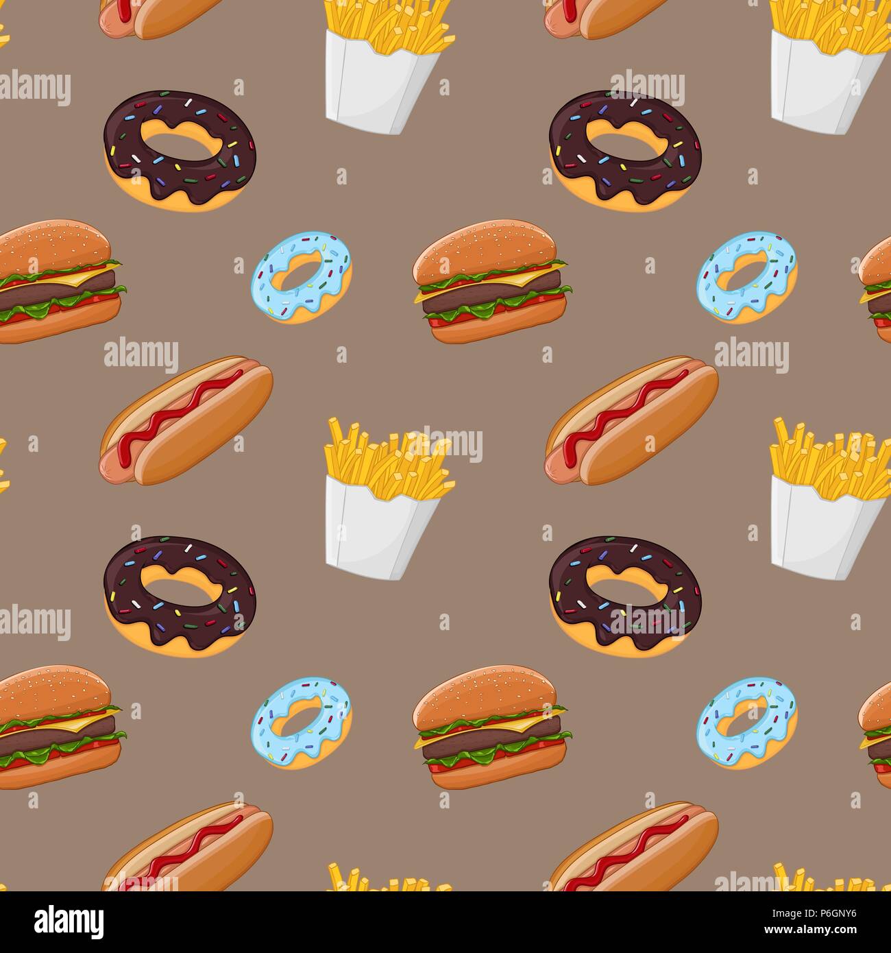 Fast food nahtlose Muster. Farbige Vector Illustration auf braunem Hintergrund Stock Vektor