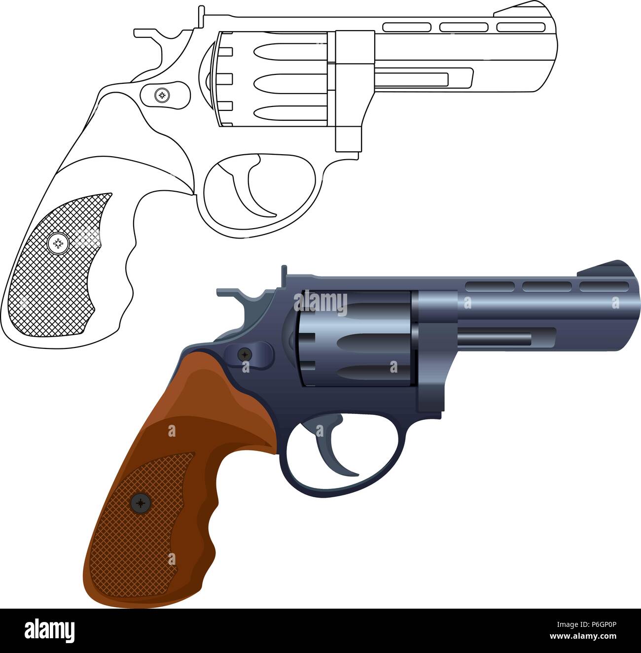 Revolver Pistole. Übersicht Symbol und 3d-modell Stock Vektor