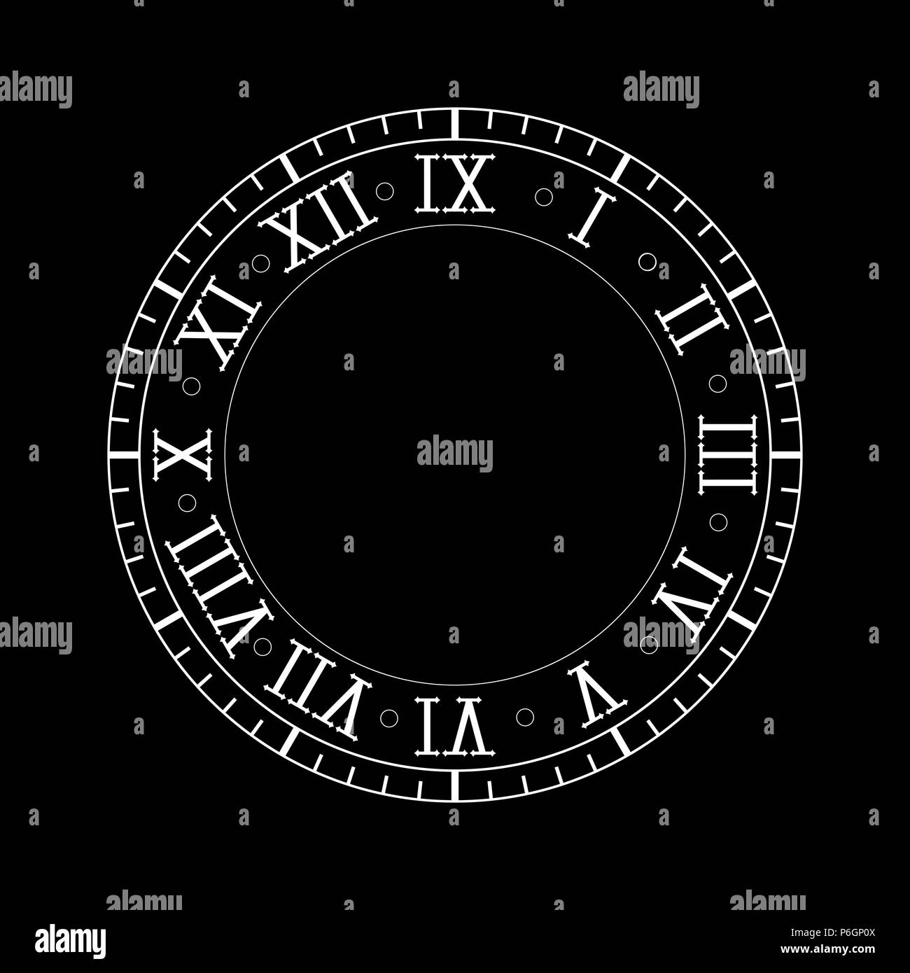 Uhr mit römischen Ziffern. Vector Illustration auf schwarzem Hintergrund Stock Vektor