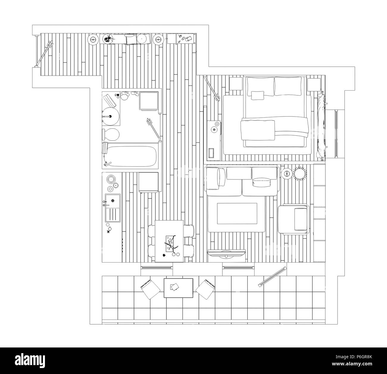 Strichzeichnung apartment Grundriss auf weißem Hintergrund Stockfoto