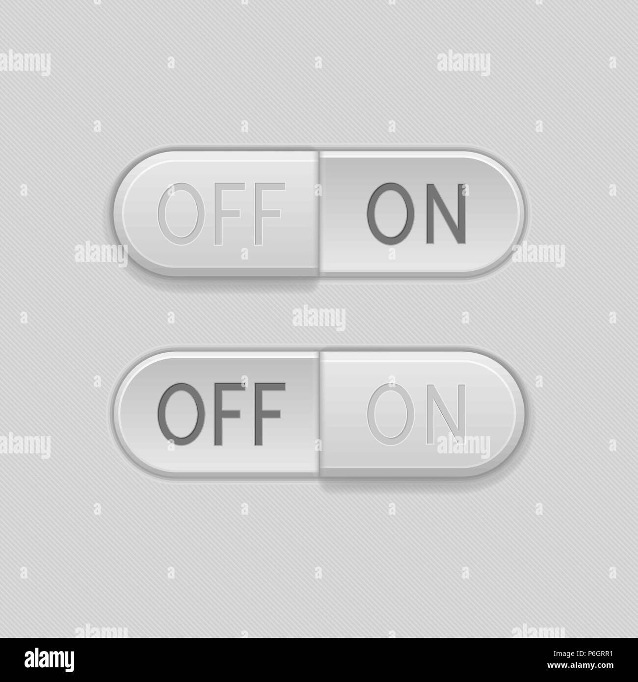 Kippschalter Tasten. Ein- und Ausschalten der 3D-ovale graue Symbole Stock Vektor