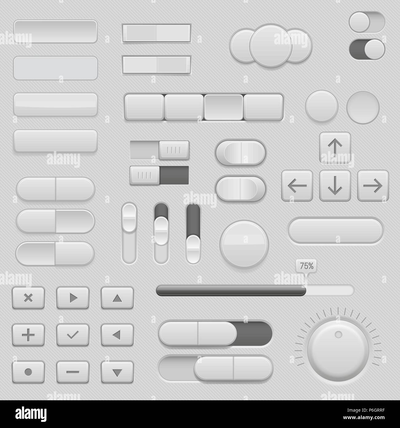 Graue Oberfläche Tasten und Schieberegler. 3d-Satz von UI-Symbole Stock Vektor