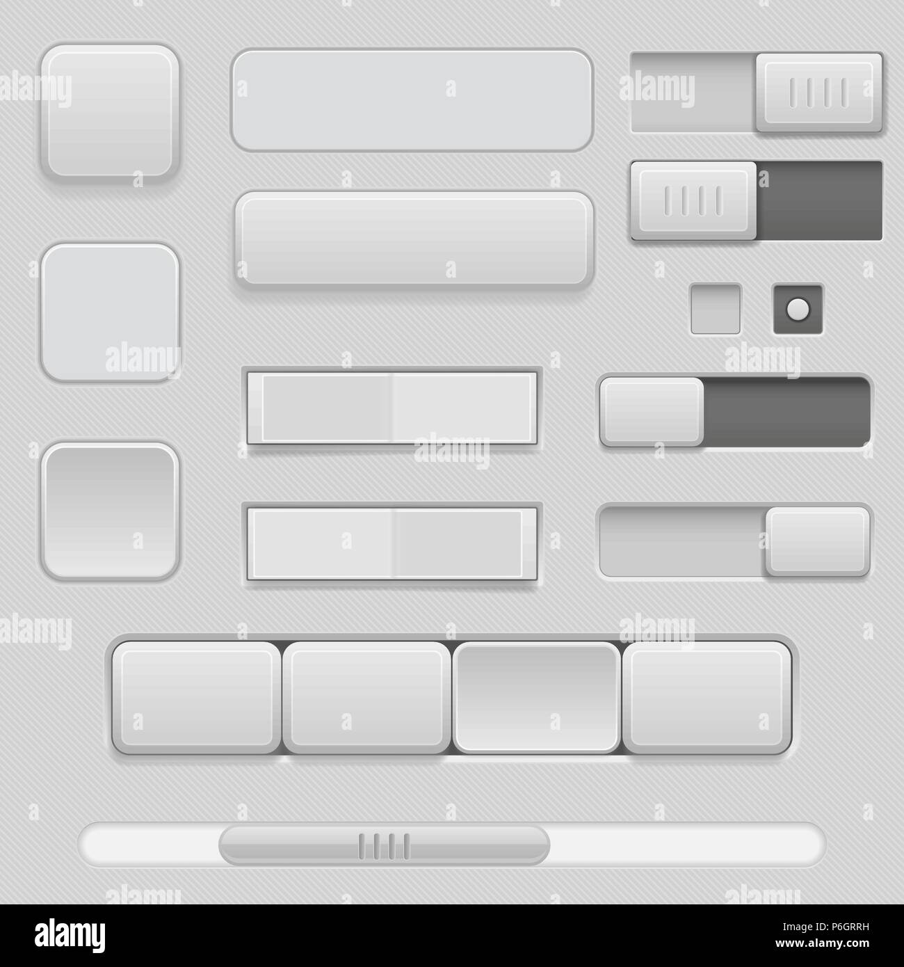 Graue Oberfläche Tasten und Schieberegler. 3d-Satz von UI-Symbole Stock Vektor