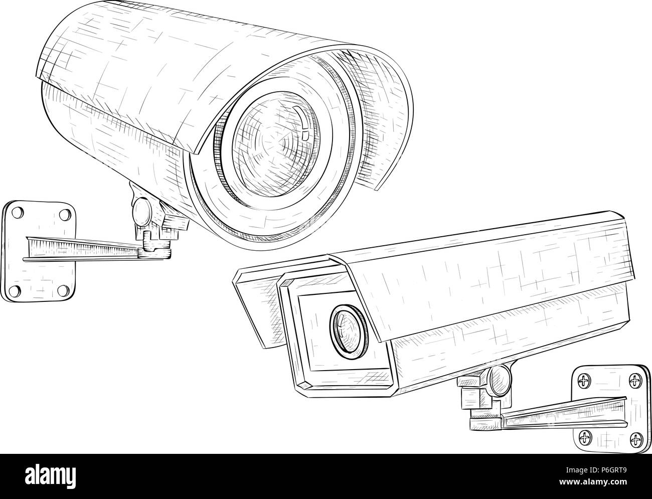 Sicherheit cctv kamera einstellen. Hand Skizze gezeichnet Stock Vektor