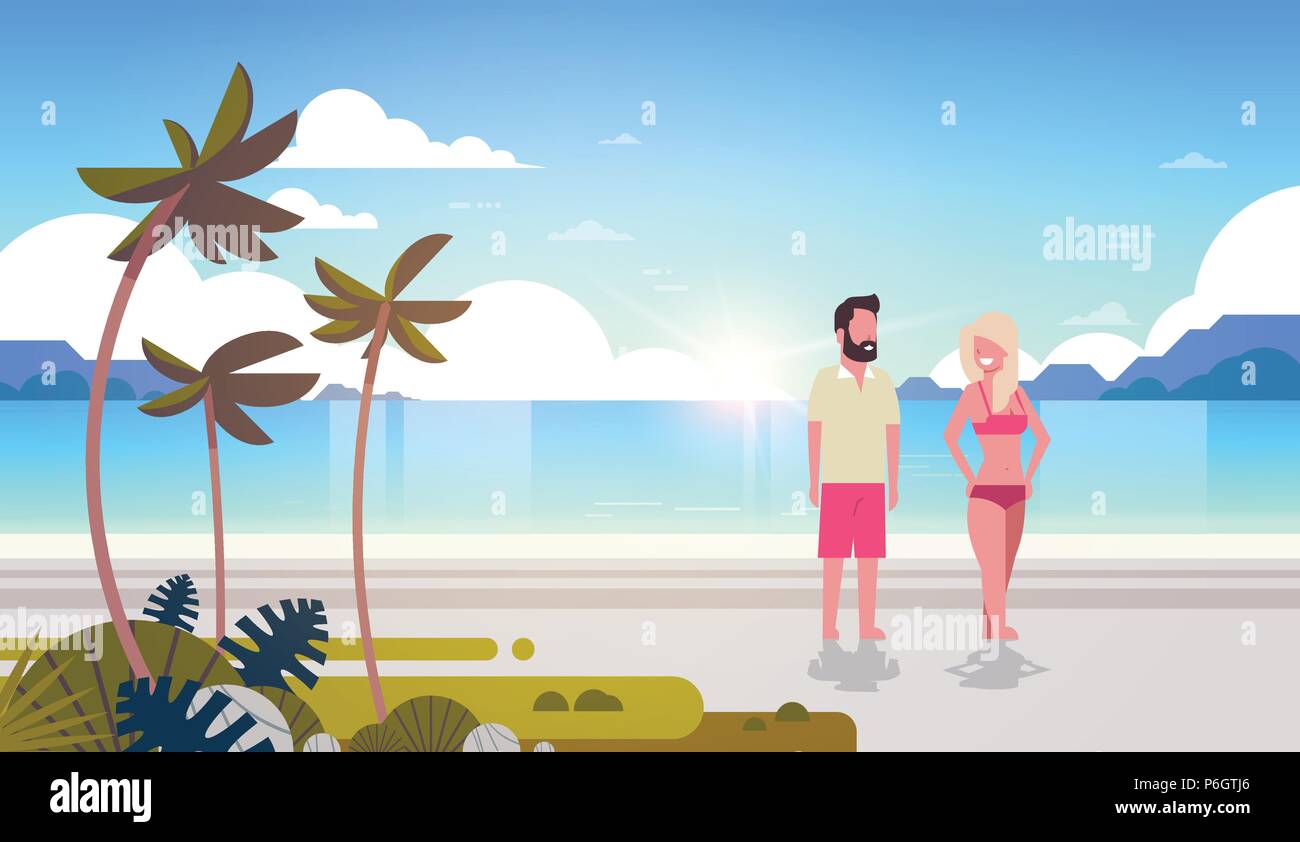 Paar Mann Frau Sunrise Tropical Palm beach Sommerurlaub lächelnd zu Fuß am Meer meer ozean Waagrechten Stock Vektor