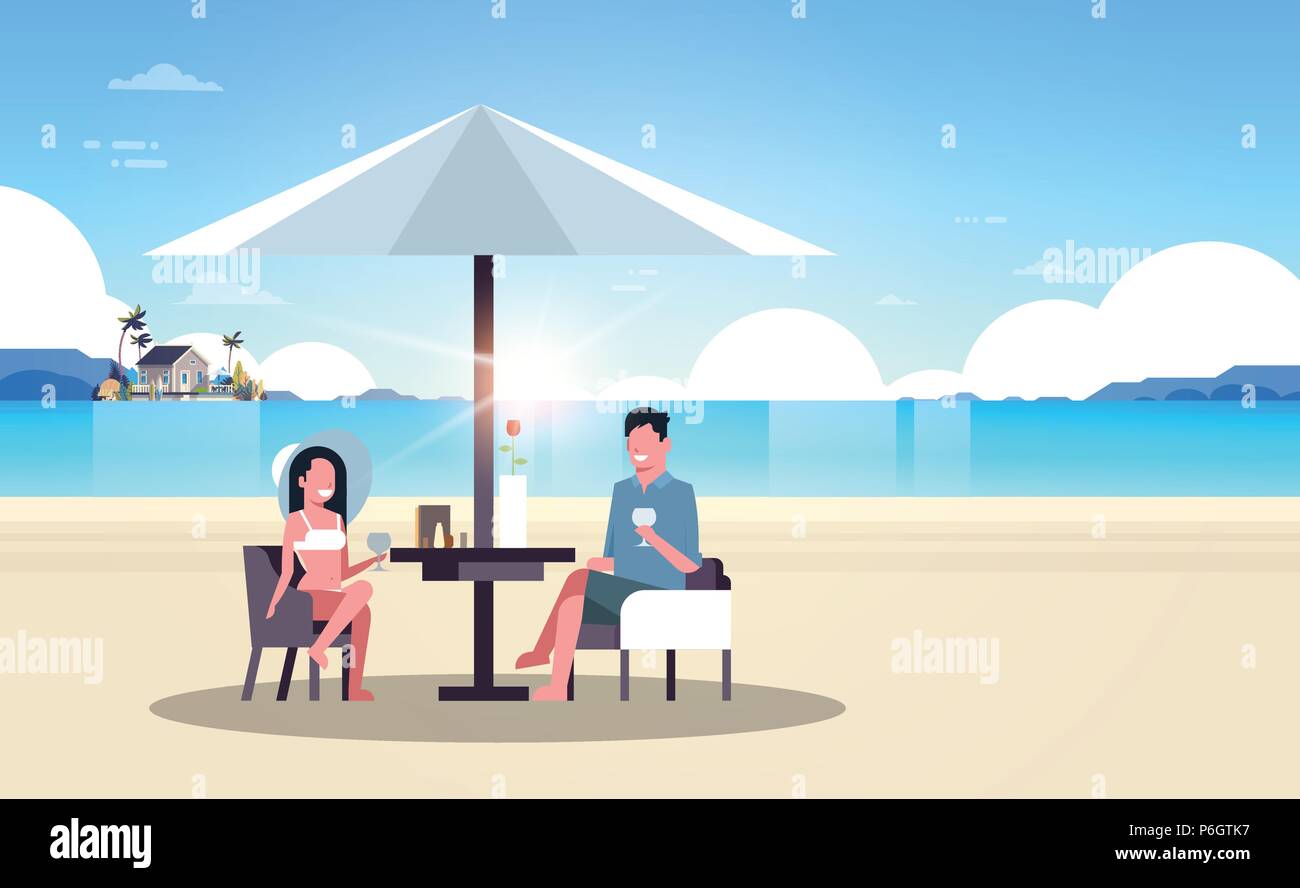 Paar Sommerferien Mann Frau Wein trinken Sonnenschirm auf Sunrise Beach Villa Tropical Island horizontalen flachen Stock Vektor