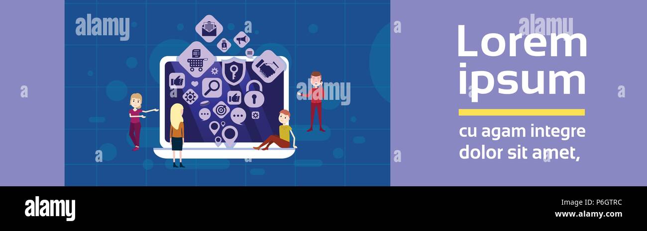 Laptop Mann Frau Team Netzwerk Anwendungen Symbole Social Media Networking Konzept für Design und Animation banner flach Stock Vektor