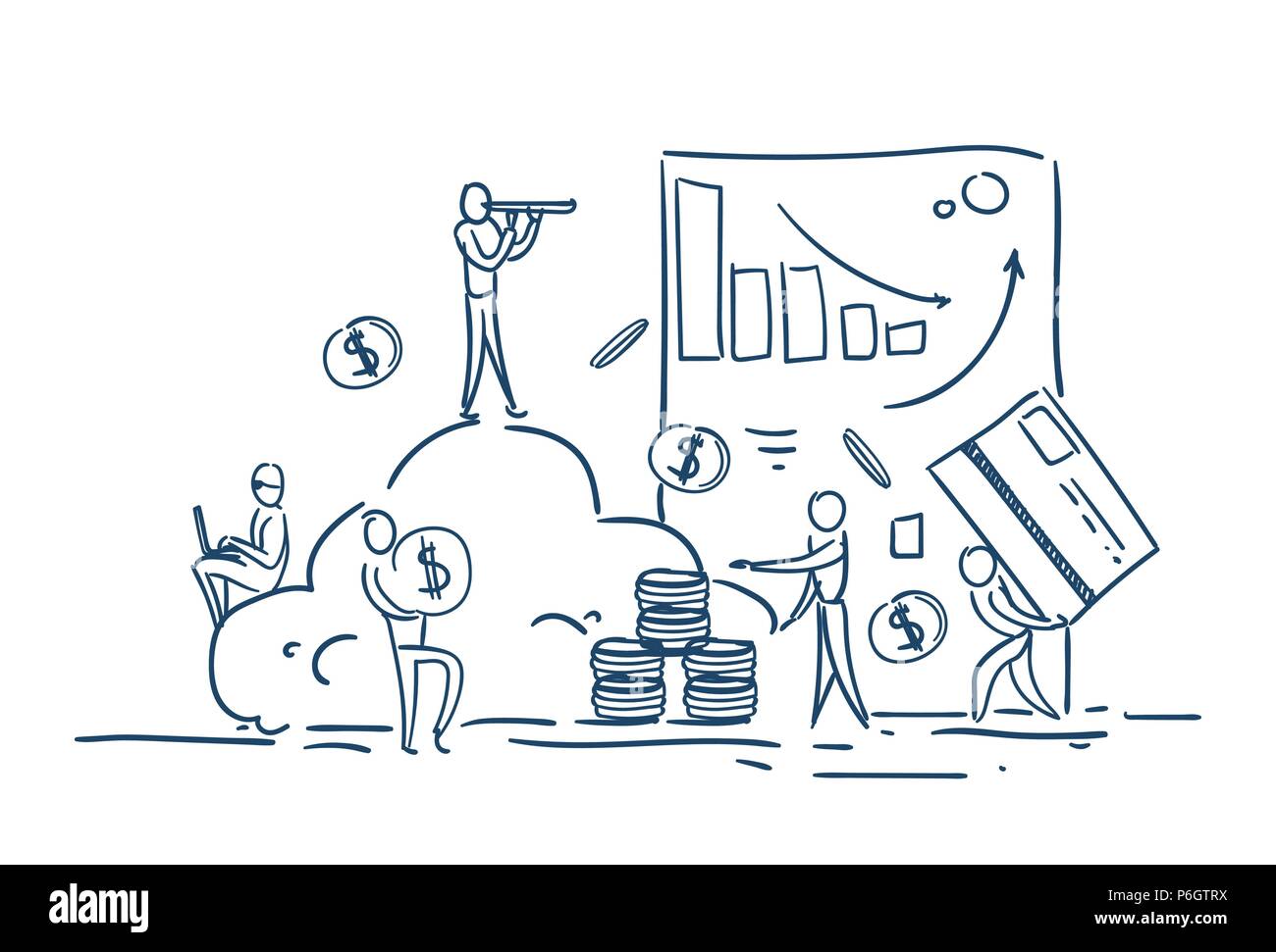 Business Cloud Storage financial Diagramme Internet Business Analytics Konzept Geschäftsleute Arbeitsprozess Geld dollar Münze auf weißem Hintergrund Skizze doodle Stapel Stock Vektor