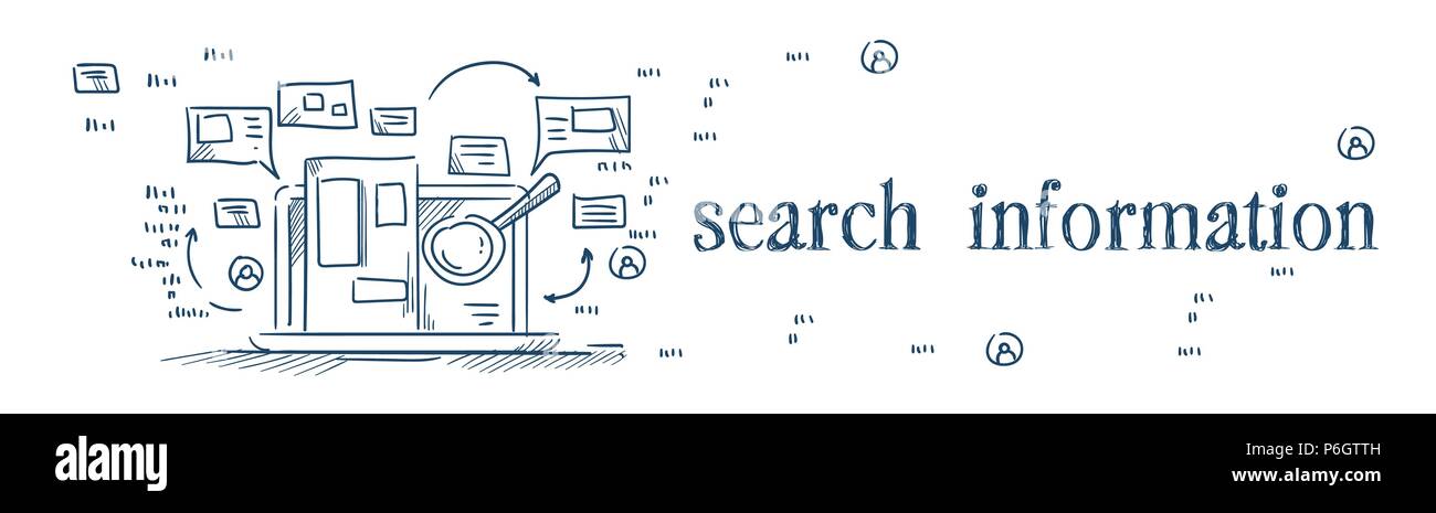 Glas suche Informationen auf dem Laptop surfen im Internet Konzept auf weißem Hintergrund Skizze doodle Banner vergrößern Stock Vektor