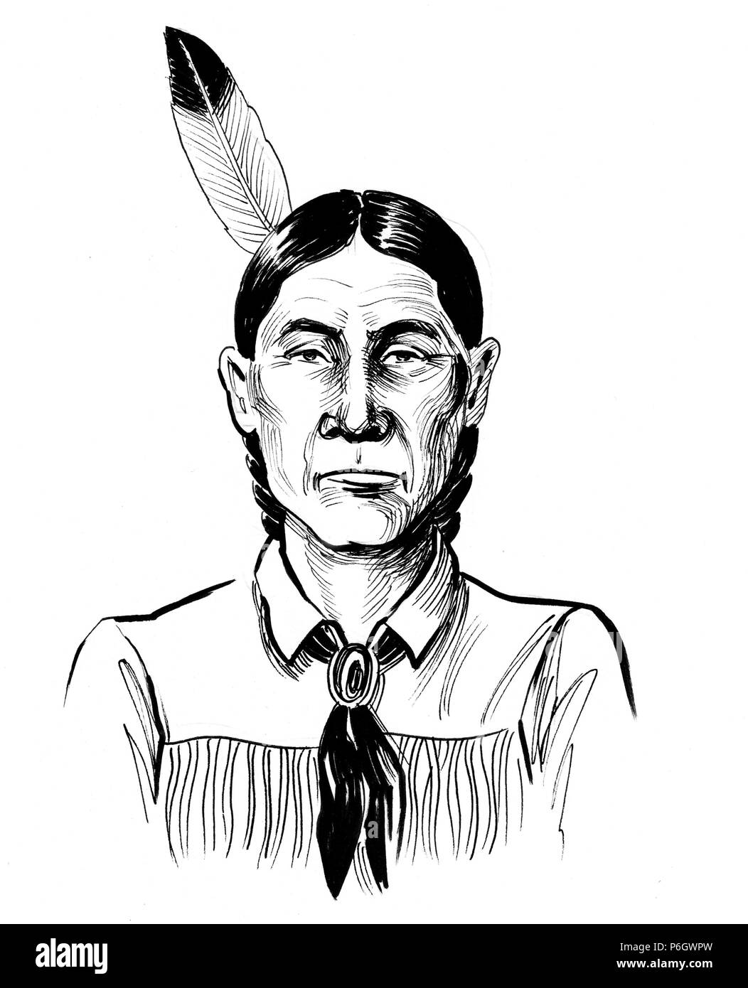 Indianische Krieger. Tinte schwarz und weiß Abbildung: Stockfoto