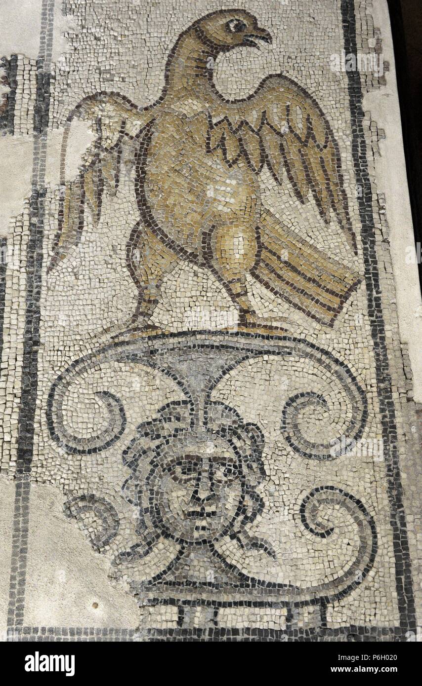 Adler und Medusenhaupt. Teil von einem Mosaikfußboden Synagoge von Yafia, unteren Galiläa. 4. Jahrhundert n. Chr. Israel. Stockfoto