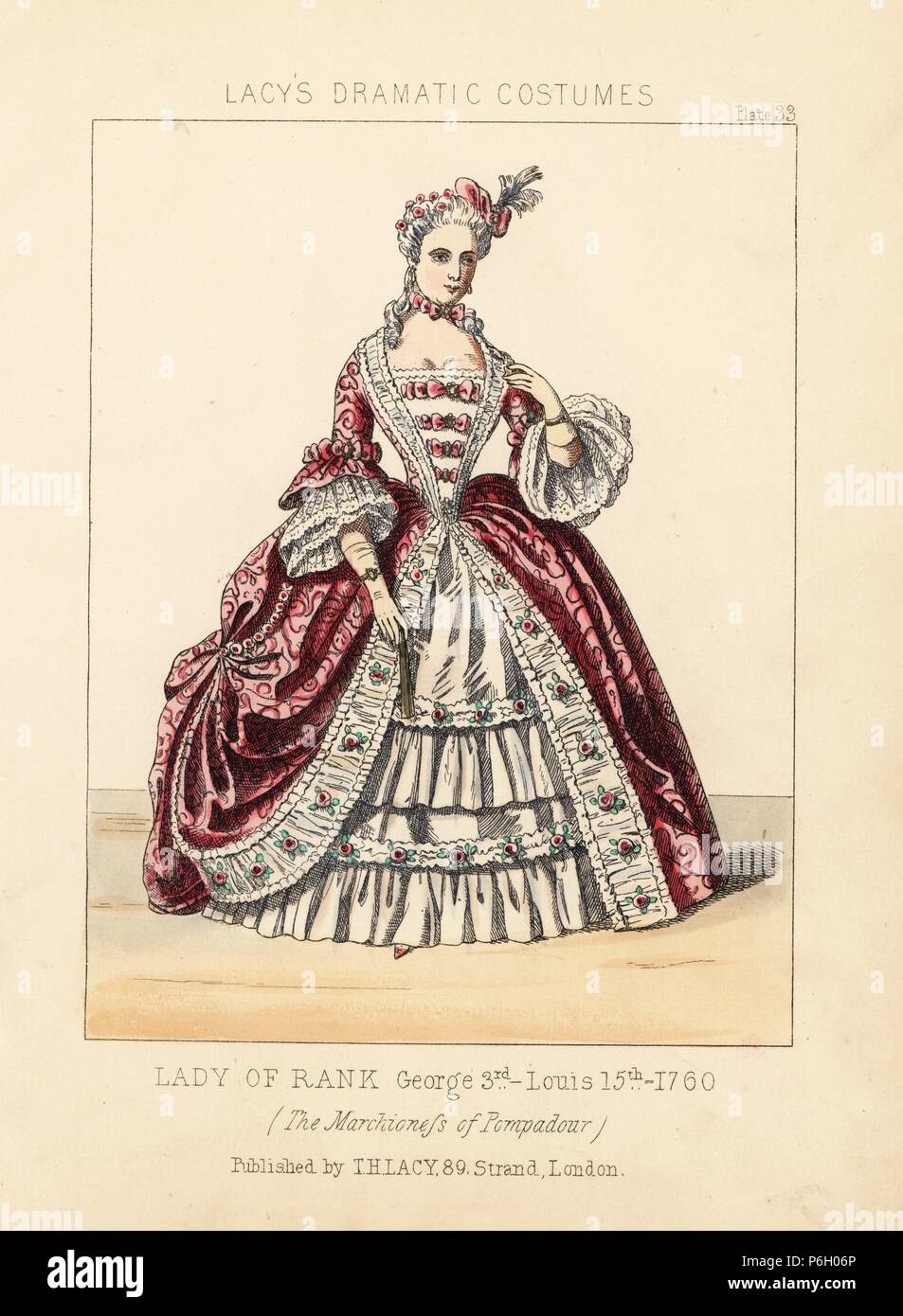 Madame de Pompadour, Dame von Rang, 1760. Papierkörbe Lithographie von Thomas Hailes Lacy's 'weibliche Kostüme historischen, nationalen und Dramatische in 200 Platten", London, 1865. Lacy (1809-1873) war ein britischer Schauspieler, Dramatiker, theatralischen Manager und Verleger. Stockfoto