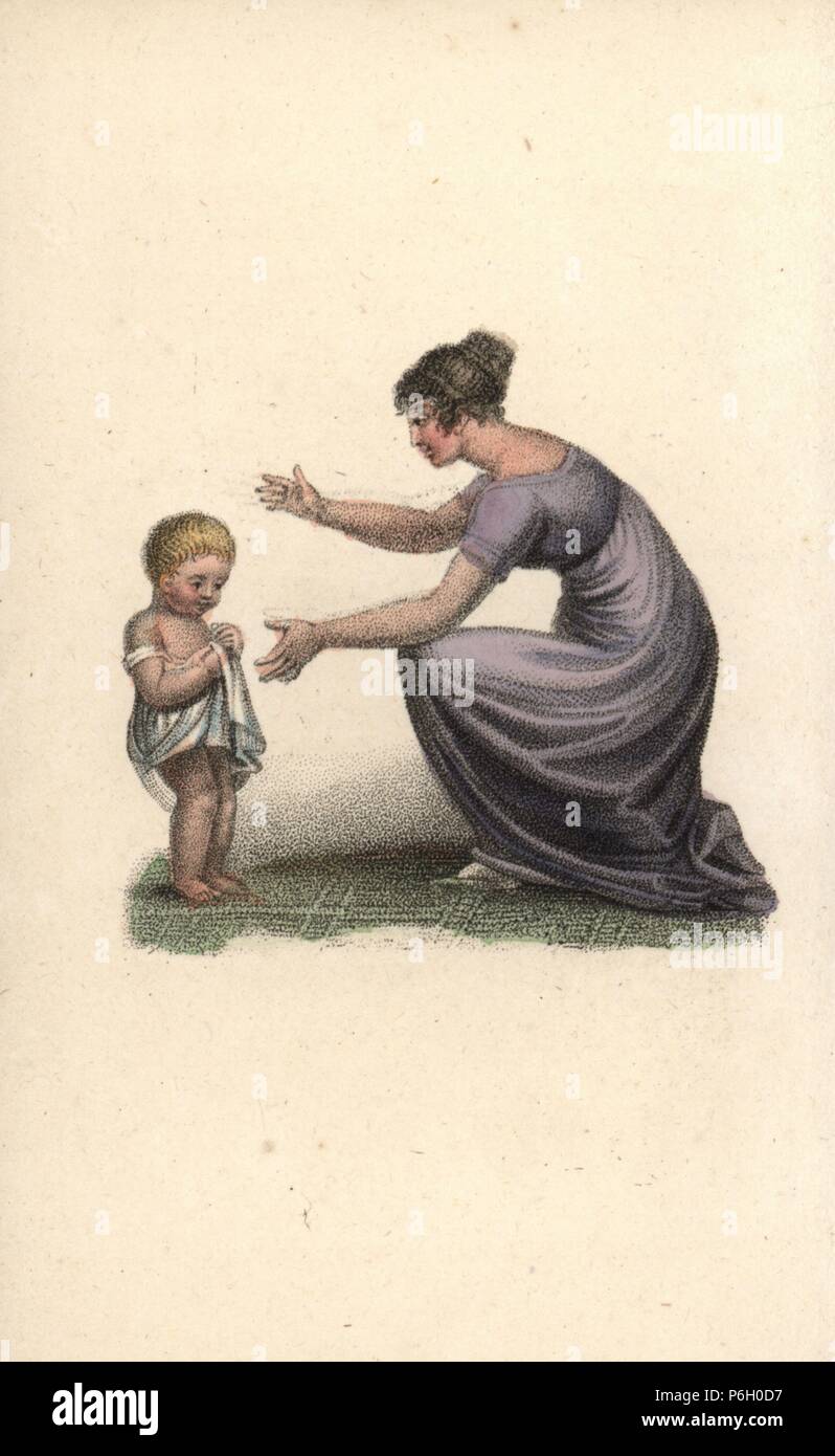 Baby unter den ersten Schritt mit Mutter. Papierkörbe Kupferstich von Augustin Legrand's Amour Et Tendresse (Liebe und Zärtlichkeit), Louis Janet, Paris, 1820. Stockfoto