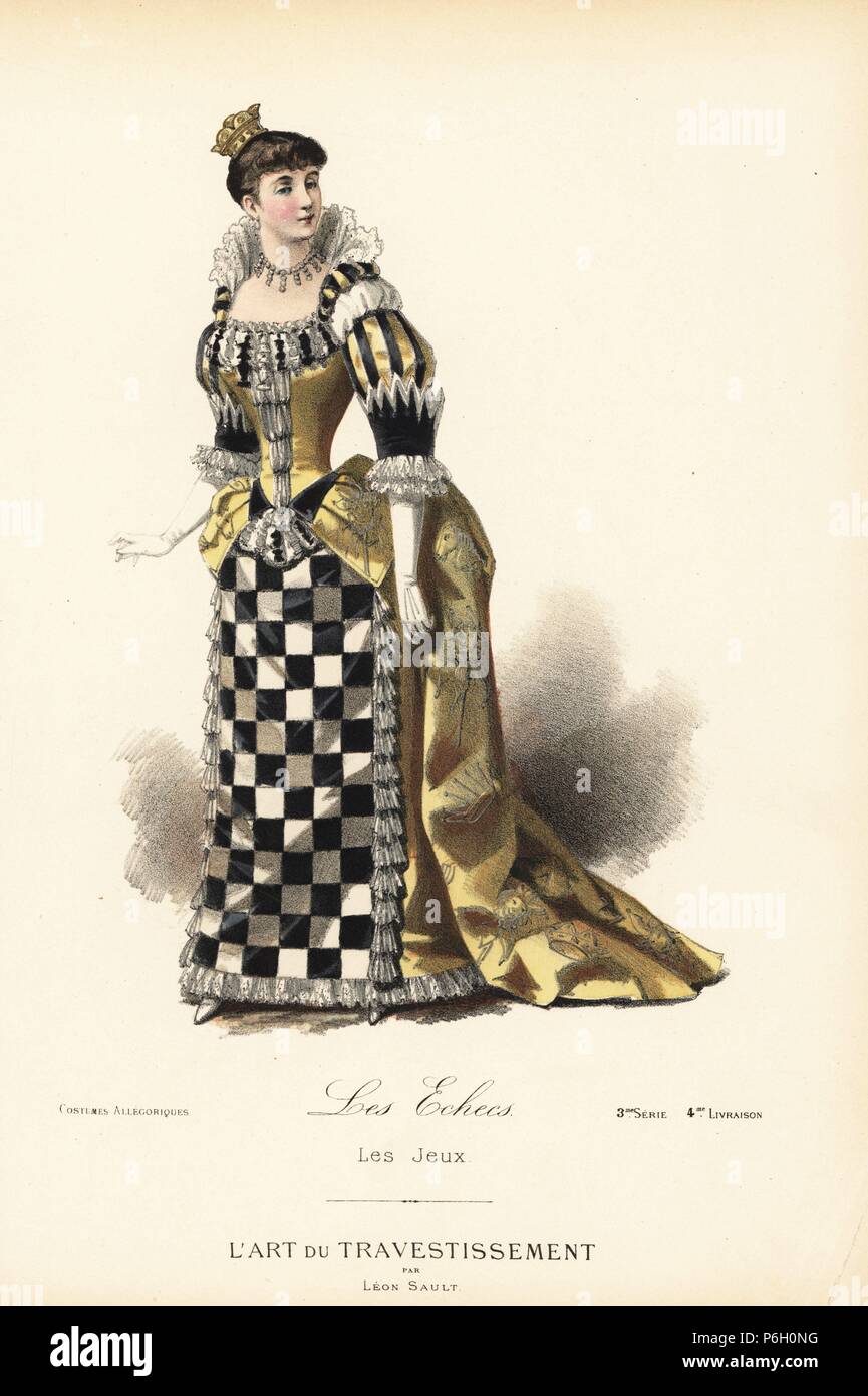 Kostüm für das Spiel von Schach, mit dem Kleid der Schachbrettmuster, Krone, Mieder mit schachfiguren eingerichtet. Papierkörbe Lithografie nach einem Entwurf von Leon Sault von 'L'Art du Travestissement" (Die Kunst des Fancy Dress), Paris, c 1880. Sault war ein Theater und Oper designer und Luxus Mode Magazin Verlag. Stockfoto