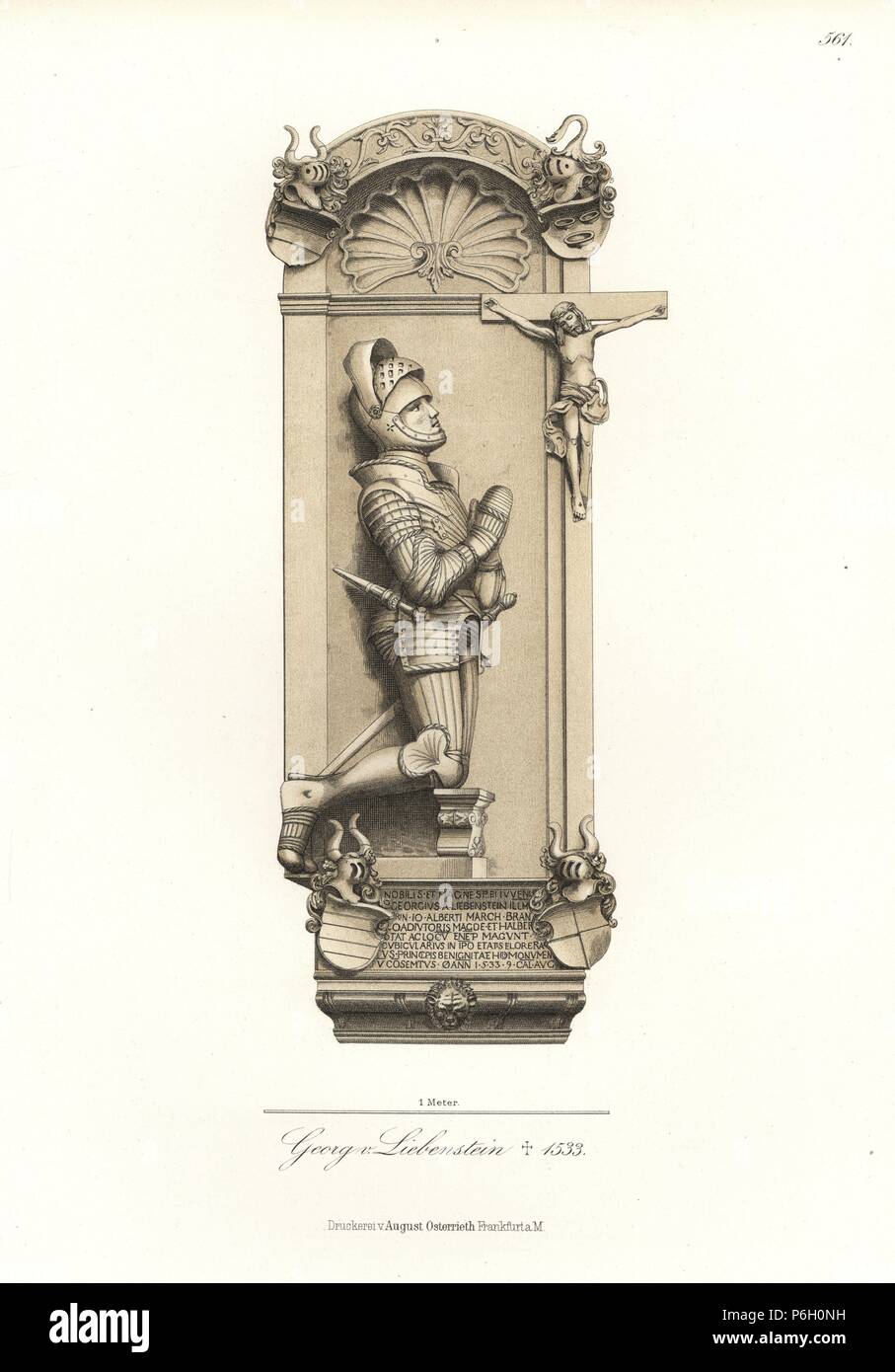 George von Liebenstein, Deutscher Ritter, starb 1533. Knien in voller Rüstung vor einem Kreuz, mit Wappen. Von seinem Grabstein in Aschaffenburg Stiftskirche. Von Hefner-Alteneck Chromolithograph's 'Kostüme, Kunstwerke und Geräte vom Mittelalter bis in das 17. Jahrhundert", Frankfurt, 1889. Illustration von Dr. Jakob Heinrich von Hefner-Alteneck, Lithographiert von C. Regnier. Dr. Hefner-Alteneck (1811-1903) war eine Deutsche, die die Kuratorin des Museums, Archäologe, Kunsthistoriker, Zeichner und Kupferstecher. Stockfoto