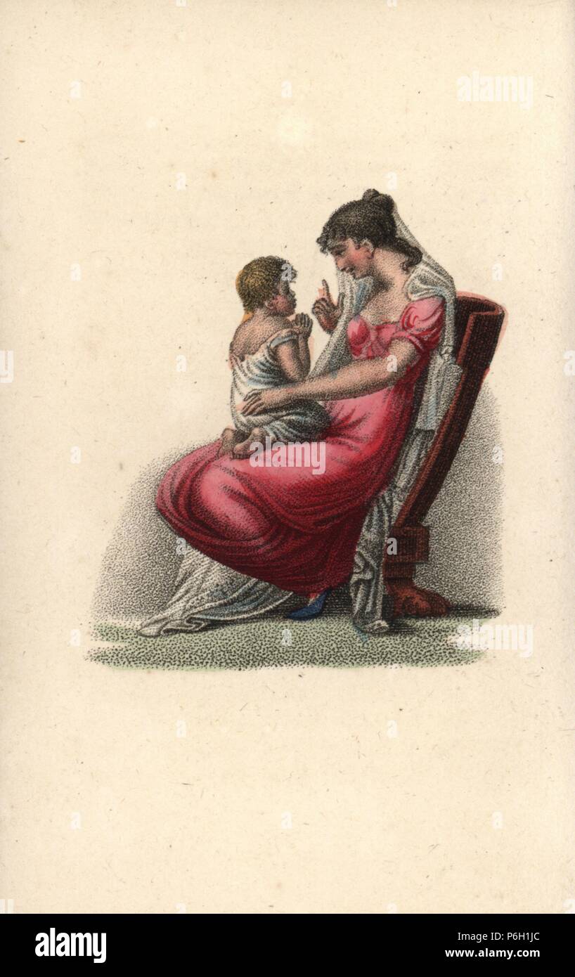 Mutter mit Kind beten auf ihrem Schoß. Papierkörbe Kupferstich von Augustin Legrand's Amour Et Tendresse (Liebe und Zärtlichkeit), Louis Janet, Paris, 1820. Stockfoto