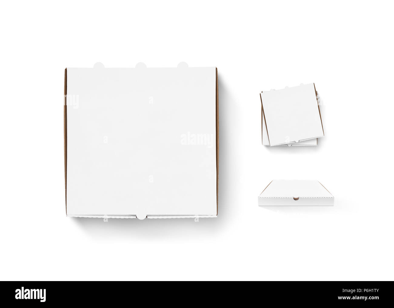 Leere pizza box Design mock up Set isoliert. Kartonpackungen pizza box Lieferung klar mockup. Heiße pizza box Vorlage löschen. Stapel von Kisten Ansicht von oben. Essen container jede Seite. Pizzakartons. Stockfoto