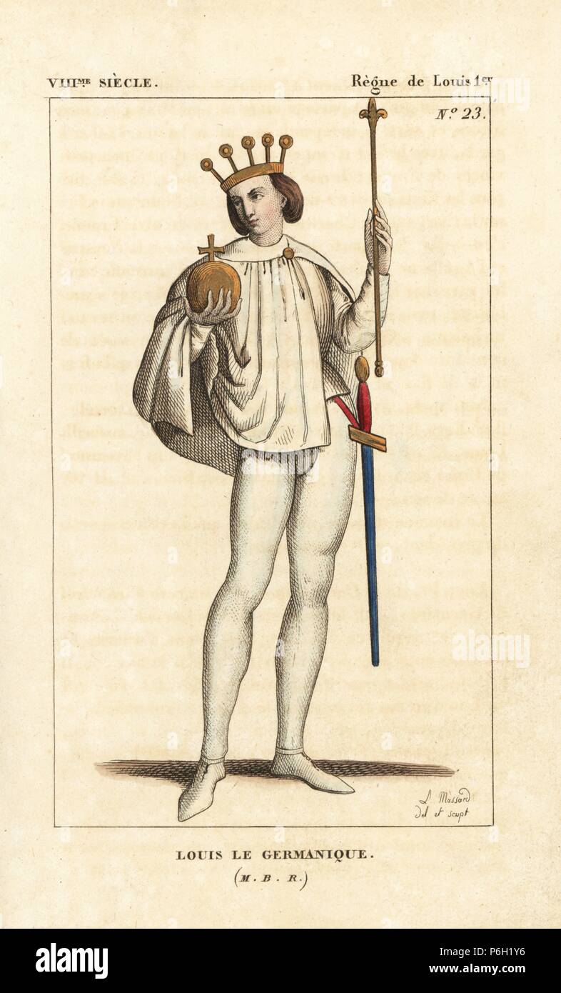 Ludwig II. Der Deutsche, König von Bayern, 806 - 876. Er trägt ein sayon (sagum, militärische kurze Cape) an der Schulter, Wams, Strümpfen und Schuhen befestigt. Seine Krone hat Strahlen, und trägt ein Zepter, Reichsapfel und Schwert. Papierkörbe Kupferplatte gezeichnet und von Leopold Massard vom "französischen Kostüme von König Chlodwig bis in unsere Tage eingraviert, "Massard, Mifliez, Paris, 1834. Stockfoto