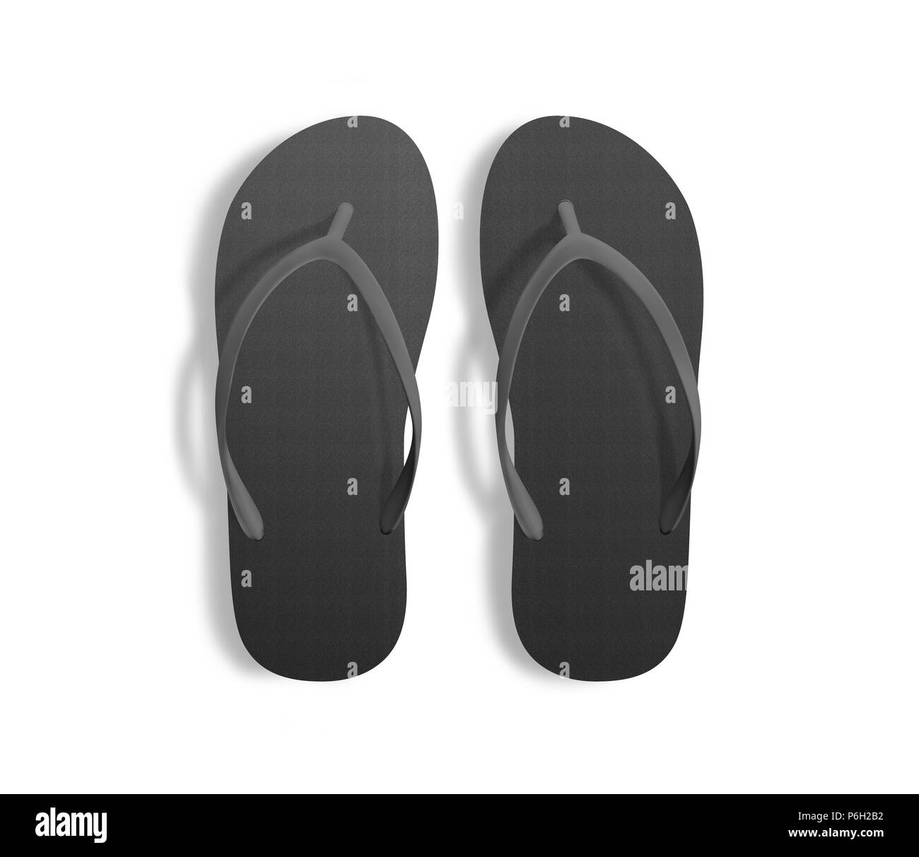 Paar leeren schwarzen Strand Hausschuhe, design Mockup, Freisteller, 3D-Darstellung. Home plain Flops mock up Vorlage Ansicht von oben. Klar Badewanne Sandale anzeigen. Bett Schuhe Zubehör Schuhe. Gummi Flipflops Stockfoto