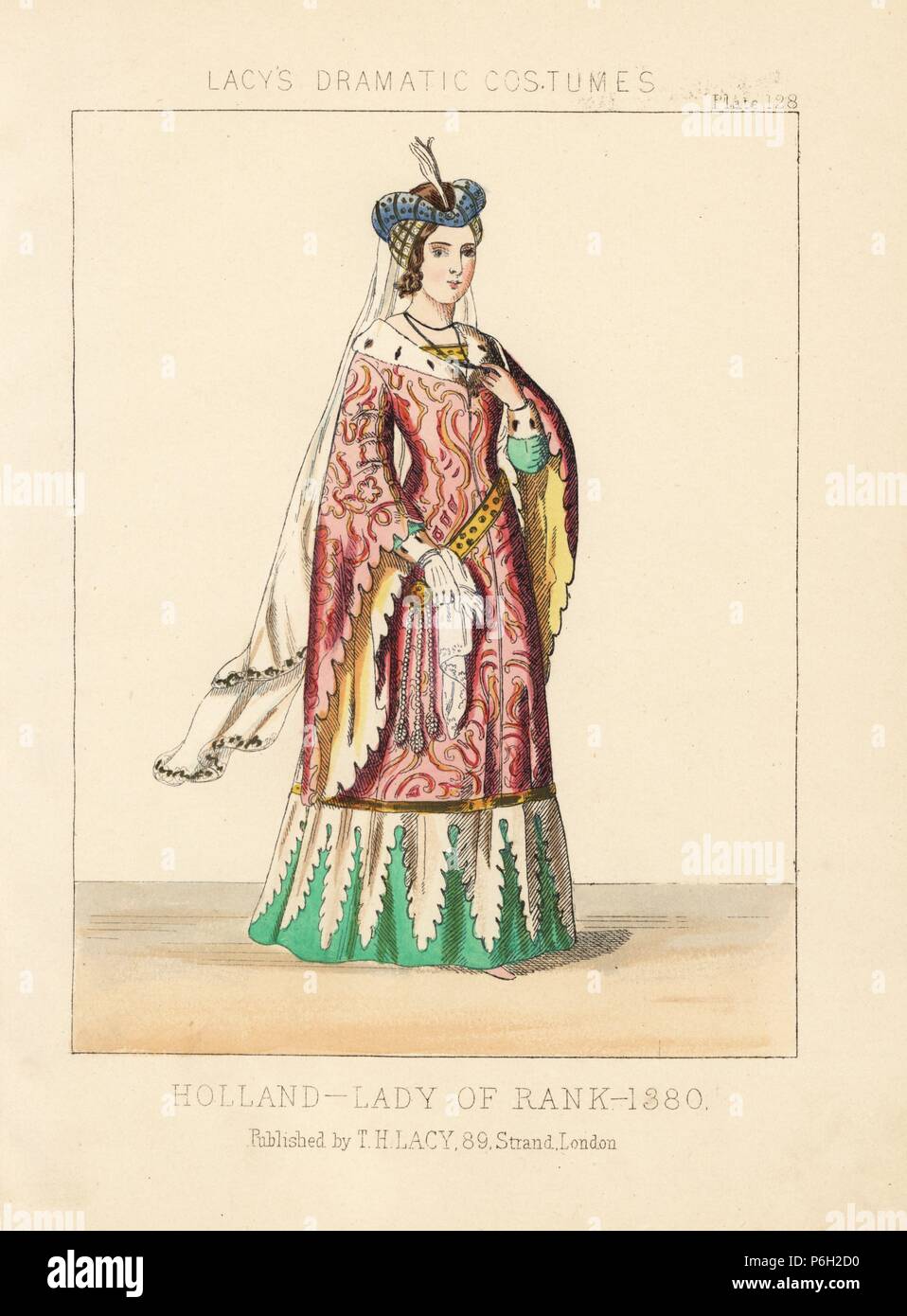 Dame von Rang, Holland, 1380. Papierkörbe Lithographie von Thomas Hailes Lacy's 'weibliche Kostüme historischen, nationalen und Dramatische in 200 Platten", London, 1865. Lacy (1809-1873) war ein britischer Schauspieler, Dramatiker, theatralischen Manager und Verleger. Stockfoto