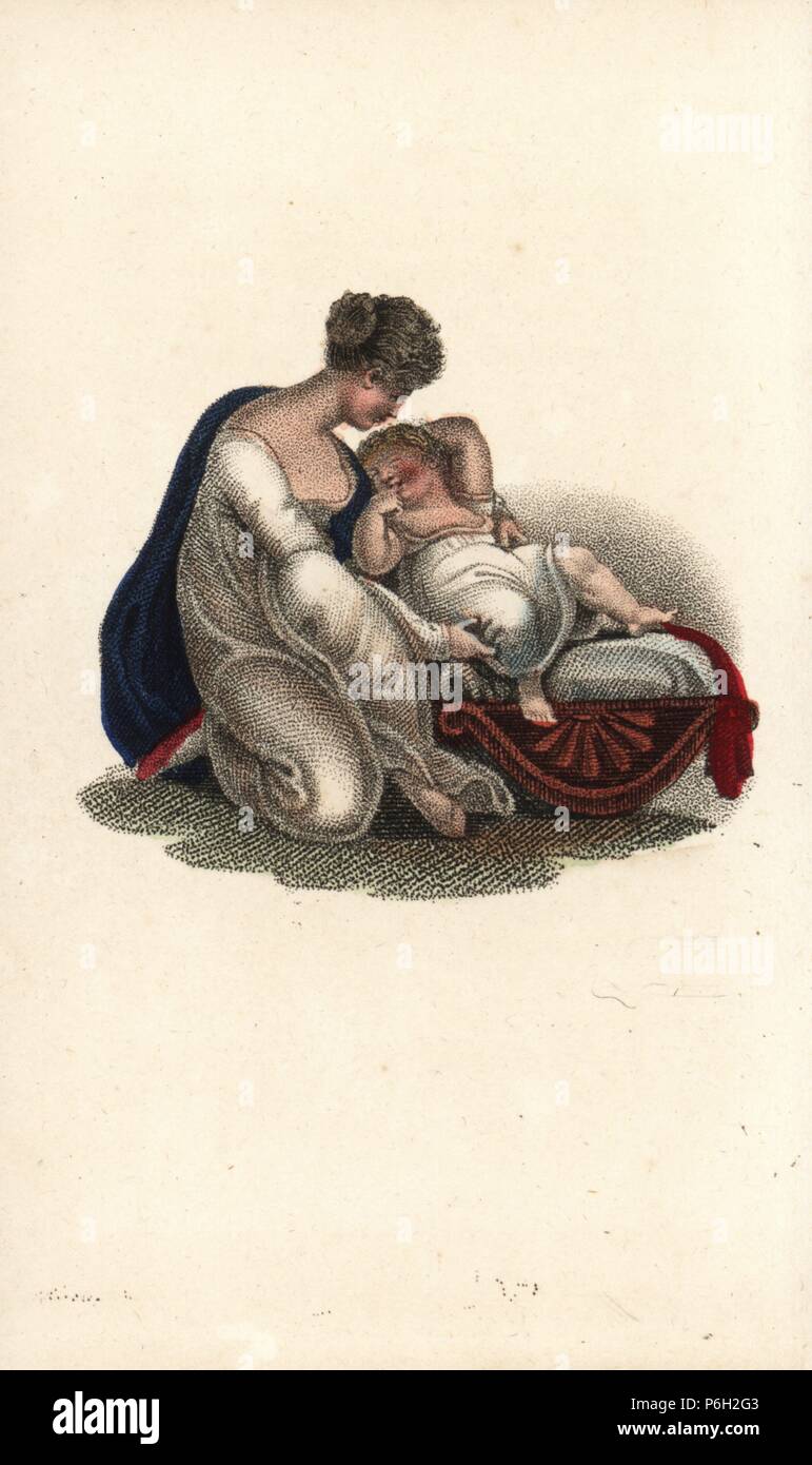 Die Mutter, die ihr Kind in die Ladestation ein. Papierkörbe Kupferstich von Augustin Legrand's Amour Et Tendresse (Liebe und Zärtlichkeit), Louis Janet, Paris, 1820. Stockfoto