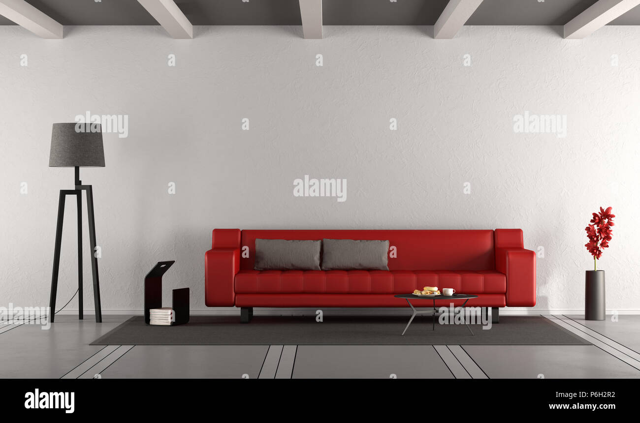 Minimalistische Wohnzimmer mit roten Sofa gegen Weiße Wand - 3D-Rendering Stockfoto