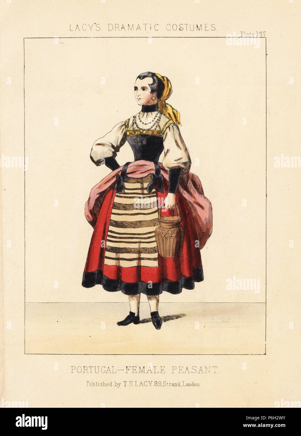 Frau Bauer Kostüm von Portugal, 19. Papierkörbe Lithographie von Thomas Hailes Lacy's 'weibliche Kostüme historischen, nationalen und Dramatische in 200 Platten", London, 1865. Lacy (1809-1873) war ein britischer Schauspieler, Dramatiker, theatralischen Manager und Verleger. Stockfoto
