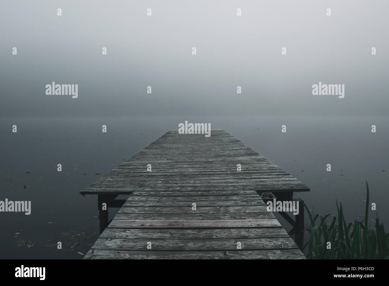Fußgängerbrücke im Herbst auf einem See mit viel Nebel im Bayerischen Wald Stockfoto