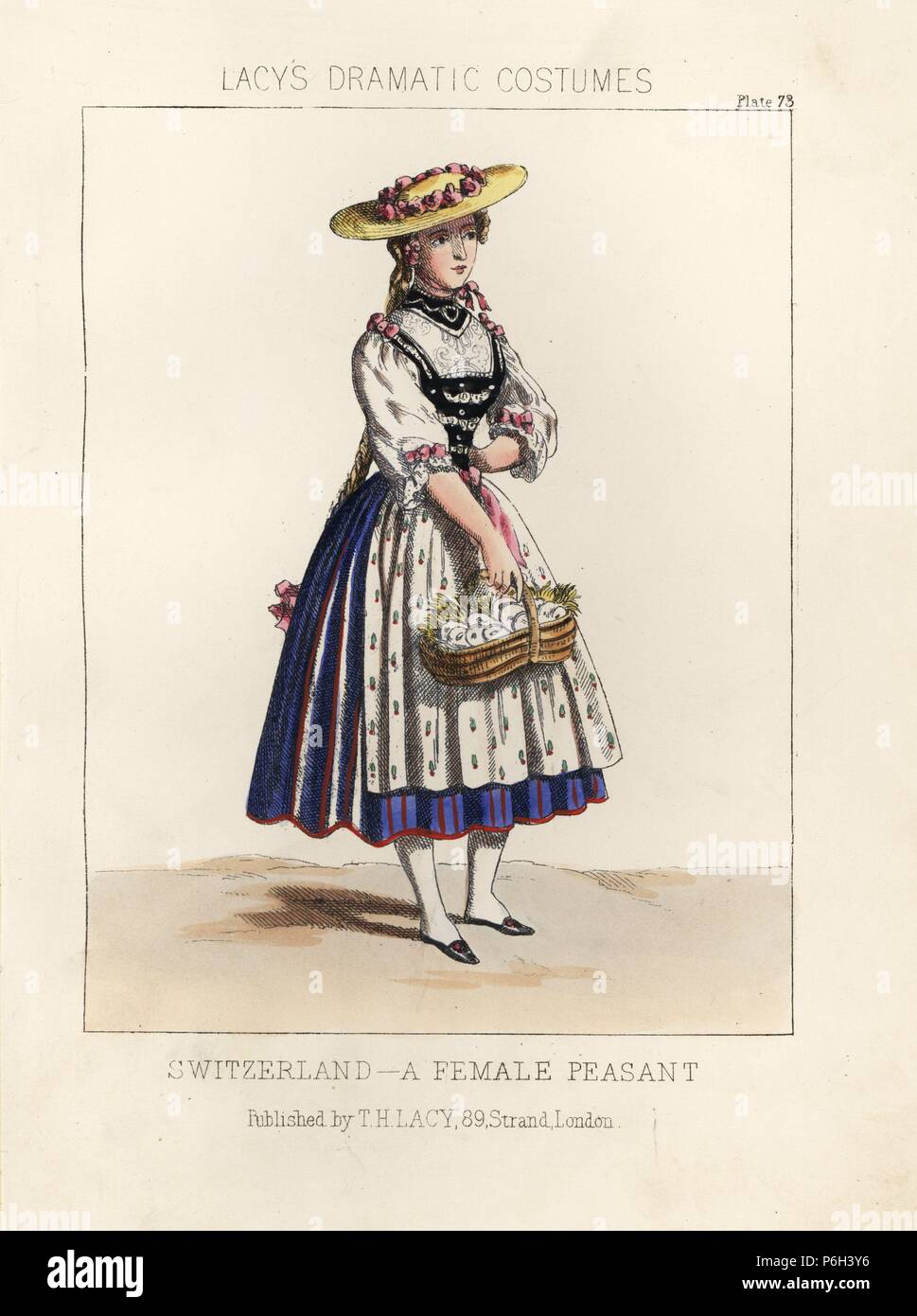 Bäuerin der Schweiz, nationale Kostüm, 19. Papierkörbe Lithographie von Thomas Hailes Lacy's 'weibliche Kostüme historischen, nationalen und Dramatische in 200 Platten", London, 1865. Lacy (1809-1873) war ein britischer Schauspieler, Dramatiker, theatralischen Manager und Verleger. Stockfoto