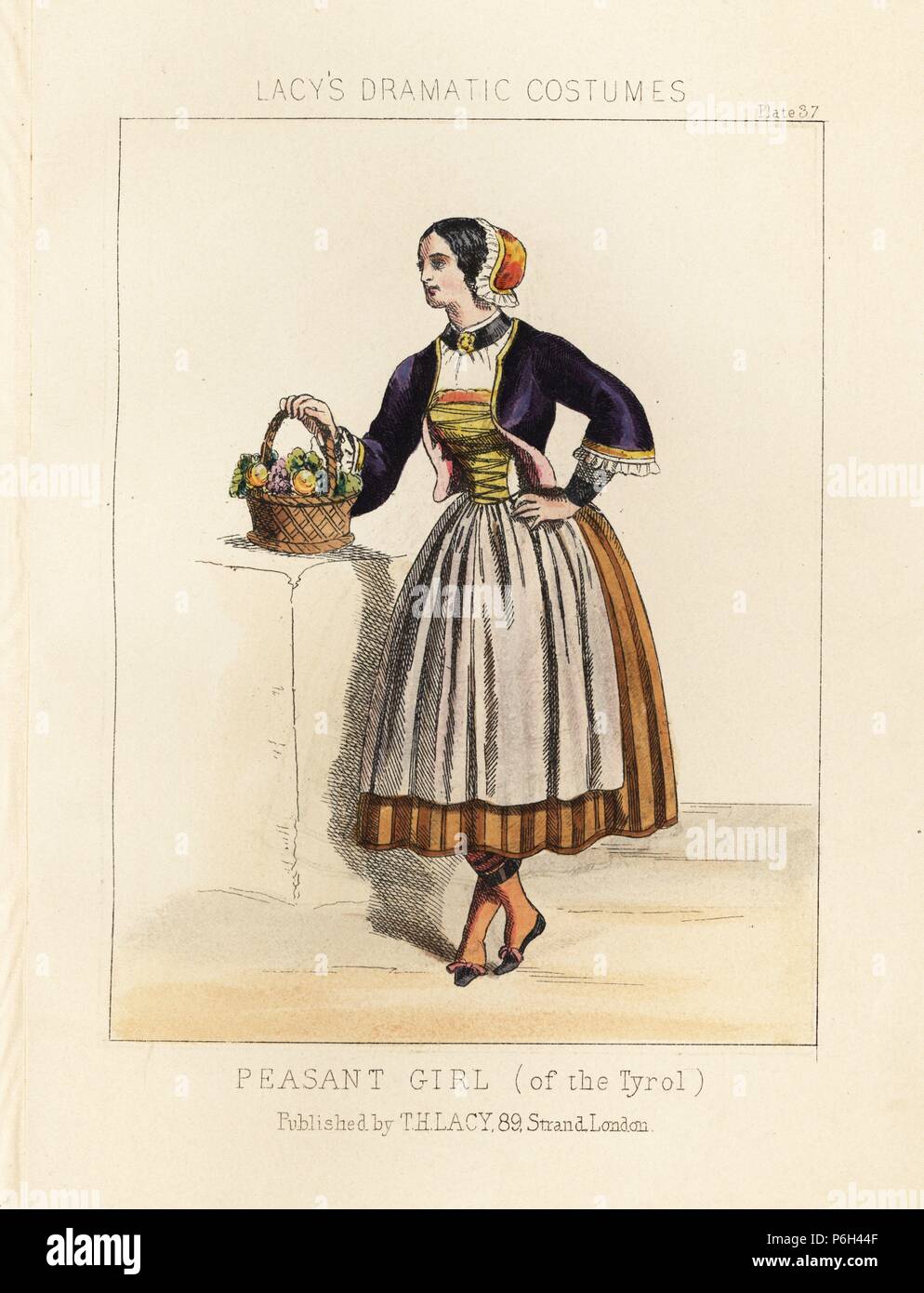 Bauernmädchen Tirols mit Obstkorb und Blumen, 19. Papierkörbe Lithographie von Thomas Hailes Lacy's 'weibliche Kostüme historischen, nationalen und Dramatische in 200 Platten", London, 1865. Lacy (1809-1873) war ein britischer Schauspieler, Dramatiker, theatralischen Manager und Verleger. Stockfoto