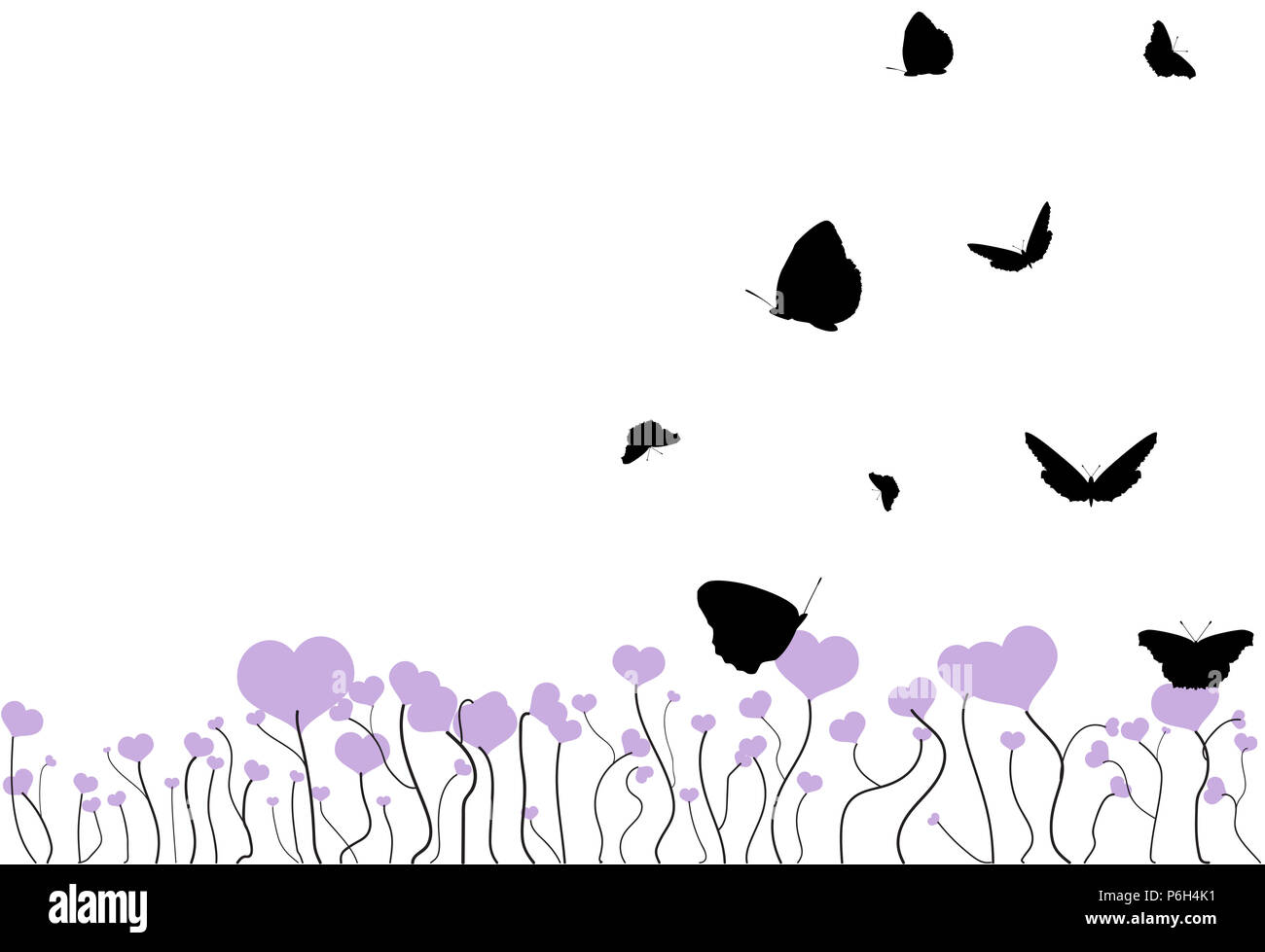 Bluhende Feld Mit Violett Herzen Und Fliegende Schwarze Silhouetten Von Schmetterlingen Auf Weissem Hintergrund Valentinstag Fantasy Floral Postkarte Mit Stockfotografie Alamy