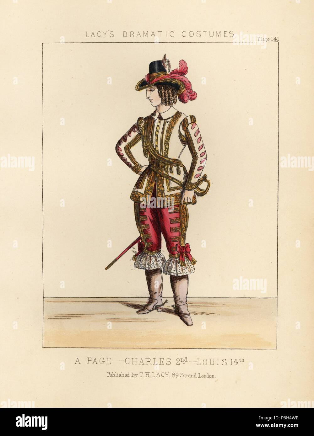 Frau in ziehen als Seite, Herrschaft von König Charles II/Louis XIV, 16. Papierkörbe Lithographie von Thomas Hailes Lacy's 'weibliche Kostüme historischen, nationalen und Dramatische in 200 Platten", London, 1865. Lacy (1809-1873) war ein britischer Schauspieler, Dramatiker, theatralischen Manager und Verleger. Stockfoto