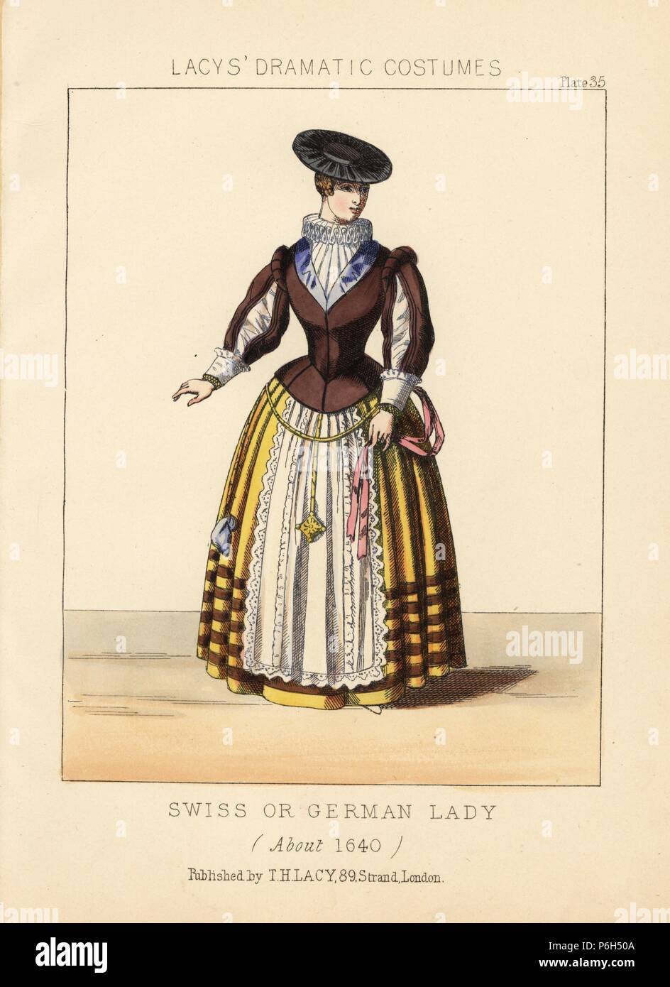Schweizer oder deutsche Dame, ca. 1640. Papierkörbe Lithographie von Thomas Hailes Lacy's 'weibliche Kostüme historischen, nationalen und Dramatische in 200 Platten", London, 1865. Lacy (1809-1873) war ein britischer Schauspieler, Dramatiker, theatralischen Manager und Verleger. Stockfoto