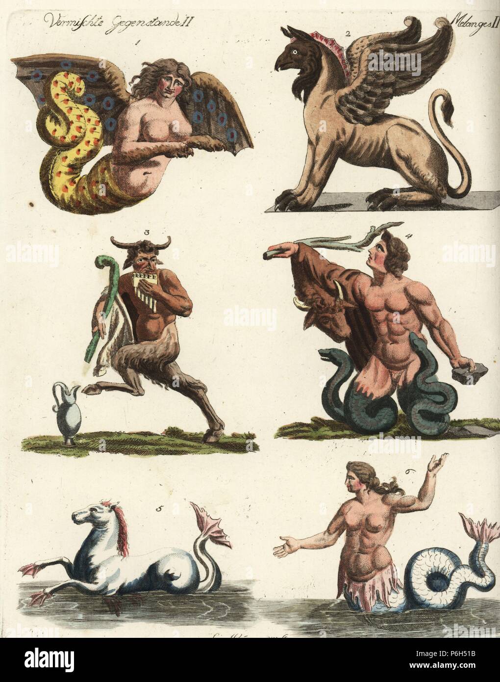 Mythische Kreaturen: Harpyie, Griffin, Satyr, Riese oder Titan, Seahorse und Nereide oder Triton. Papierkörbe Kupferstich nach Christiane Henriette Dorothea Westermayr von Johann Friedrich Bertuch's Bilderbuch pelz Kinder (Bilderbuch für Kinder), Weimar, 1792. Stockfoto