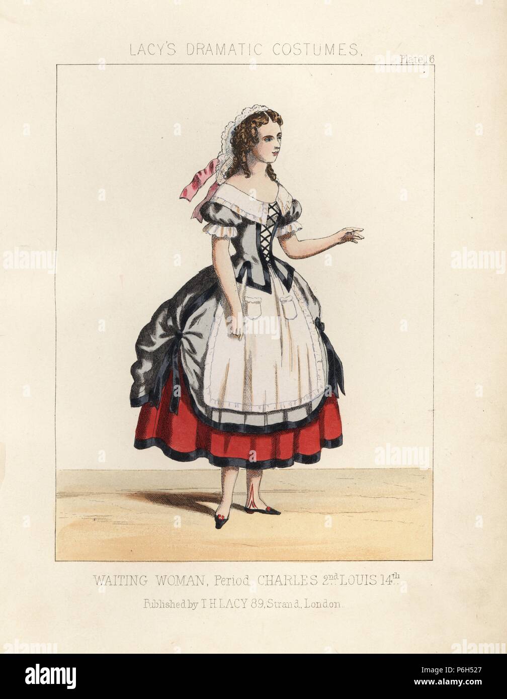 Warten Frau in Tracht der Restaurierung, Herrschaft von König Charles II/Louis XIV, 17. Papierkörbe Lithographie von Thomas Hailes Lacy's 'weibliche Kostüme historischen, nationalen und Dramatische in 200 Platten", London, 1865. Lacy (1809-1873) war ein britischer Schauspieler, Dramatiker, theatralischen Manager und Verleger. Stockfoto