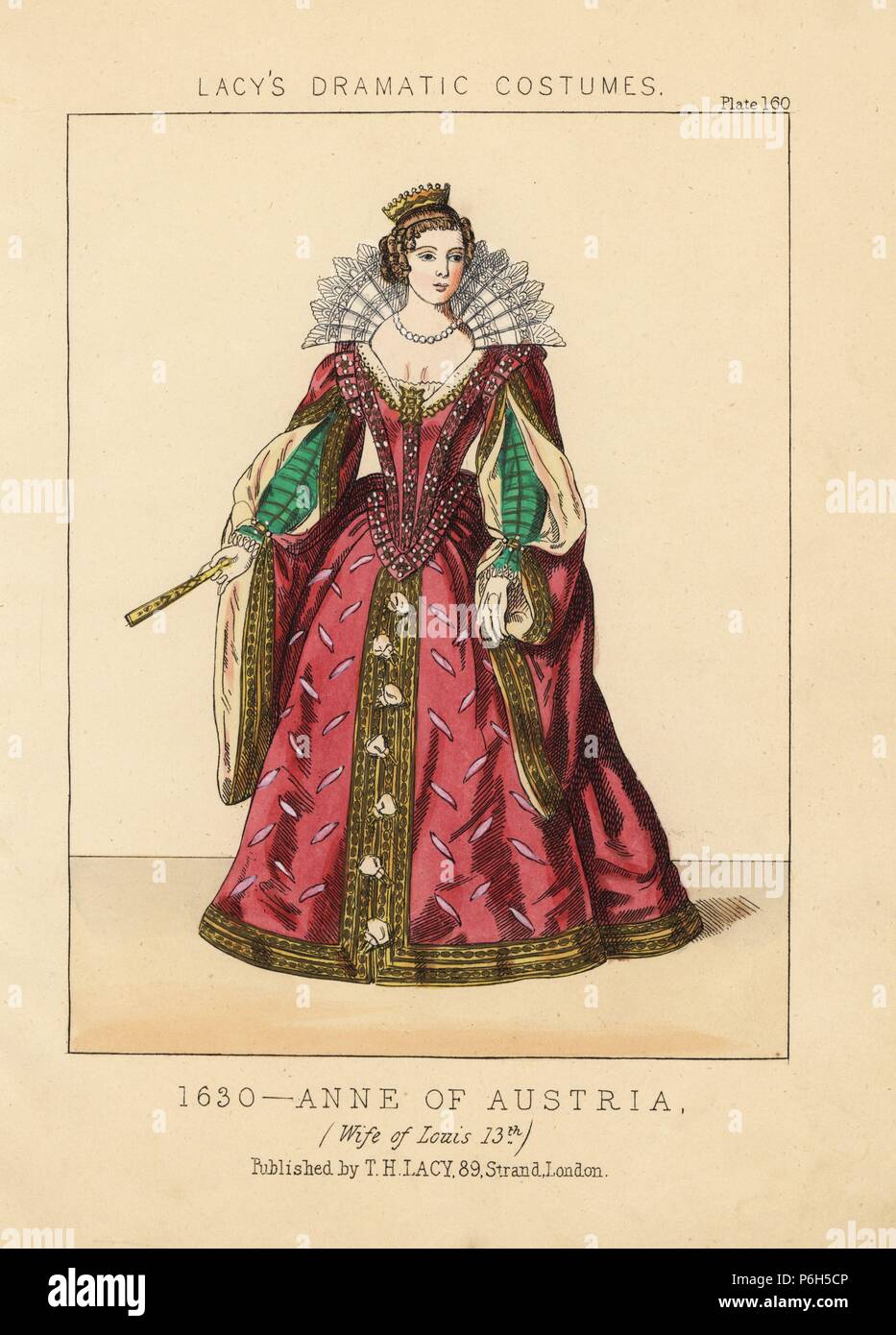 Anna von Österreich, die Ehefrau von Louis XIII., 1630. Papierkörbe Lithographie von Thomas Hailes Lacy's 'weibliche Kostüme historischen, nationalen und Dramatische in 200 Platten", London, 1865. Lacy (1809-1873) war ein britischer Schauspieler, Dramatiker, theatralischen Manager und Verleger. Stockfoto