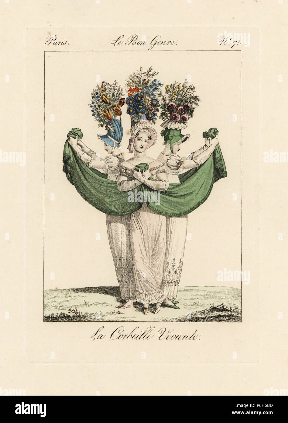 Drei modische Frauen in Motorhauben mit hohen Blumenarrangements, mit einem grünen Schal einen Obstkorb zu bilden. Papierkörbe Gravur von Pierre de la Mesangere's Le Bon Genre, Paris, 1817. Stockfoto