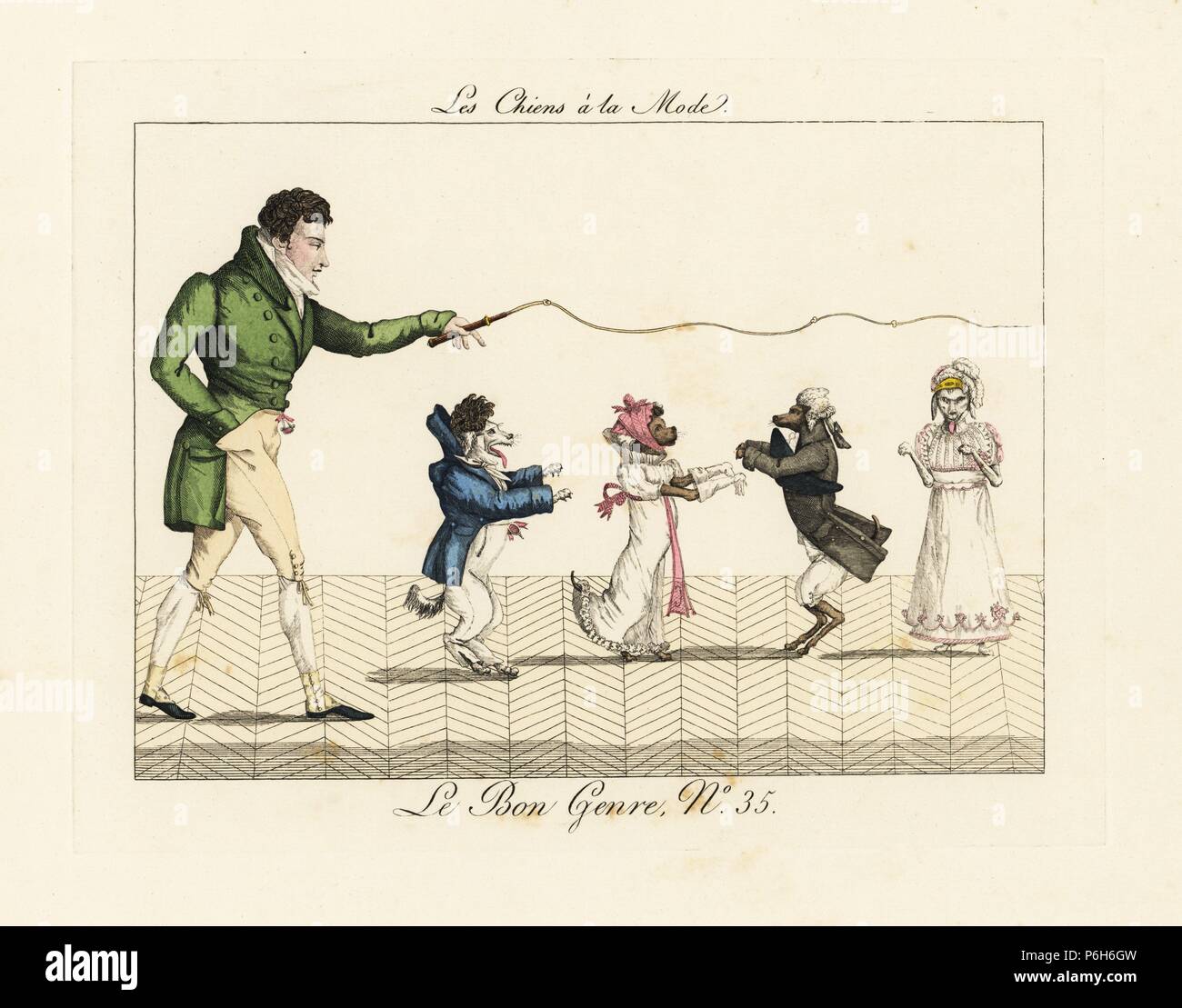 Ein Herr mit einer Peitsche steuert vier Hunde tanzen auf ihren  Hinterbeinen in der neuesten Mode auf der Bühne gekleidet. "Der Hund zeigen  weiterhin Massen an das Theater Montansier in Versailles zu