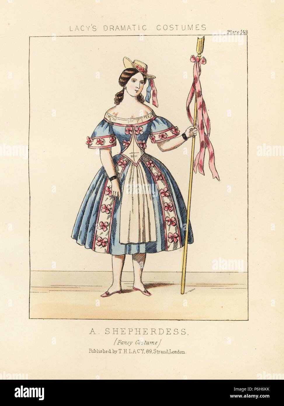 Schäferin, Kostüm, 19. Papierkörbe Lithographie von Thomas Hailes Lacy's 'weibliche Kostüme historischen, nationalen und Dramatische in 200 Platten", London, 1865. Lacy (1809-1873) war ein britischer Schauspieler, Dramatiker, theatralischen Manager und Verleger. Stockfoto