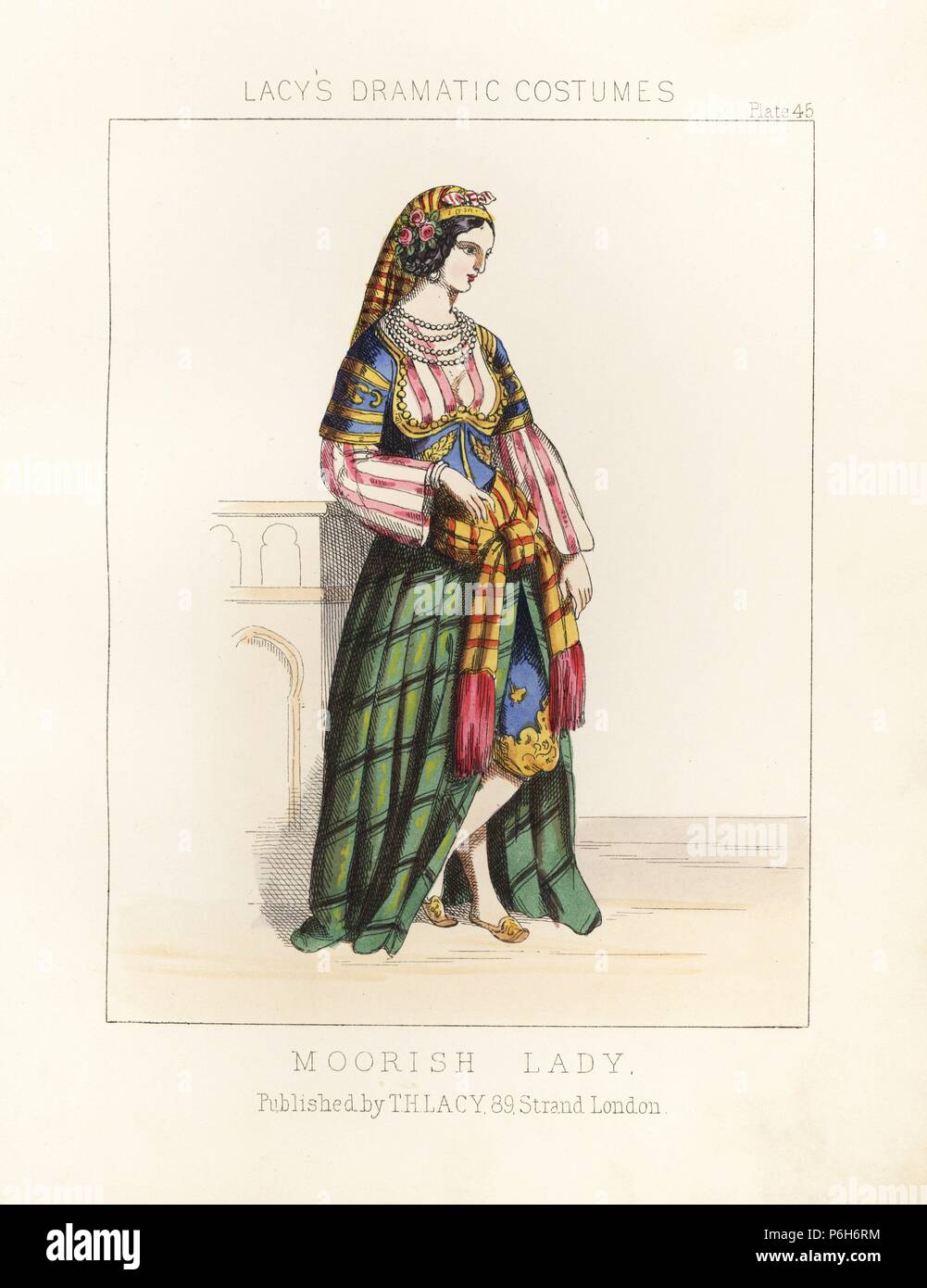 Maurische Dame, 19. Papierkörbe Lithographie von Thomas Hailes Lacy's 'weibliche Kostüme historischen, nationalen und Dramatische in 200 Platten", London, 1865. Lacy (1809-1873) war ein britischer Schauspieler, Dramatiker, theatralischen Manager und Verleger. Stockfoto