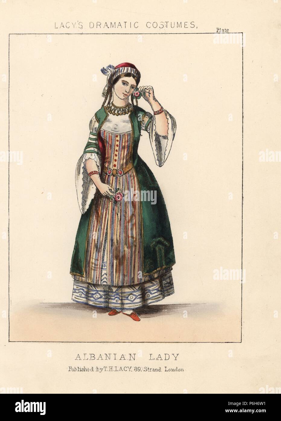 Albanische Frau in Tracht, 19. Papierkörbe Lithographie von Thomas Hailes Lacy's 'weibliche Kostüme historischen, nationalen und Dramatische in 200 Platten", London, 1865. Lacy (1809-1873) war ein britischer Schauspieler, Dramatiker, theatralischen Manager und Verleger. Stockfoto