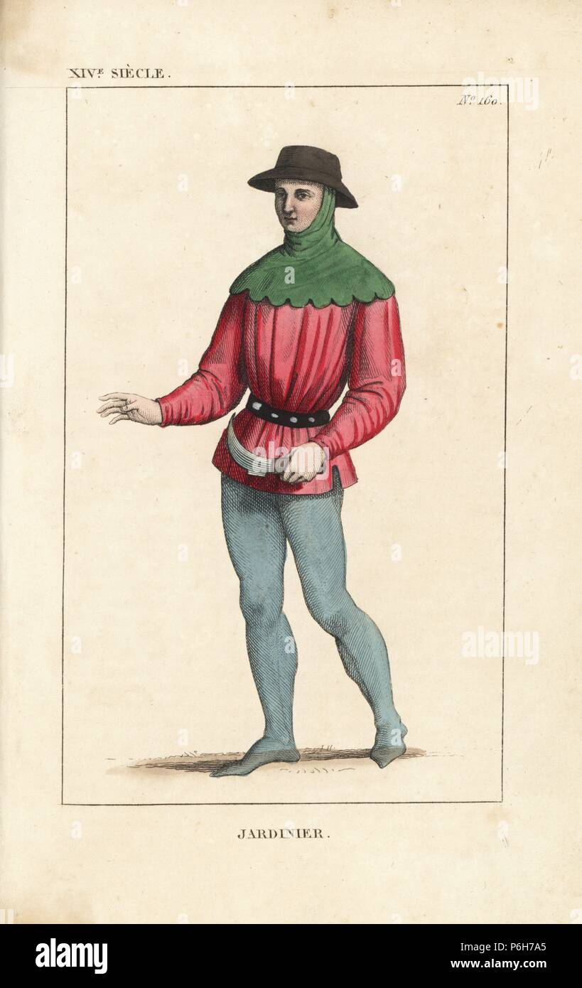 Französischen Königlichen Gärtner in Arbeit tragen, aus dem 14.  Jahrhundert. Er trägt eine Schwarze Strohhut, guimpe oder Rise, rosa  Tunika, schwarzen Gürtel und grauer Schlauch. Er hält einen rückschnitt  Messer. Papierkörbe Kupferplatte