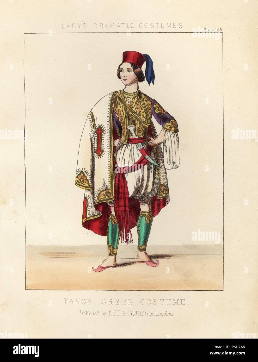 Frau in Fancy griechische Kostüm, 19. Papierkörbe Lithographie von Thomas Hailes Lacy's 'weibliche Kostüme historischen, nationalen und Dramatische in 200 Platten", London, 1865. Lacy (1809-1873) war ein britischer Schauspieler, Dramatiker, theatralischen Manager und Verleger. Stockfoto