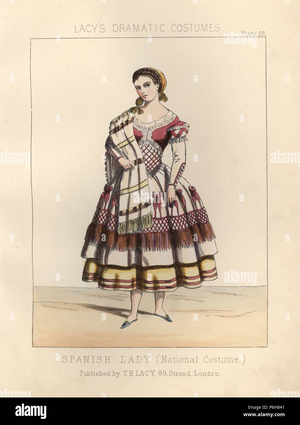 Spanische Dame in Tracht, 19. Papierkörbe Lithographie von Thomas Hailes Lacy's 'weibliche Kostüme historischen, nationalen und Dramatische in 200 Platten", London, 1865. Lacy (1809-1873) war ein britischer Schauspieler, Dramatiker, theatralischen Manager und Verleger. Stockfoto